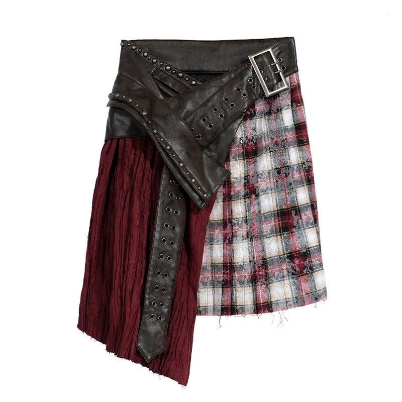 FULLTIDE_Wine_Red_Plaid_Pleated_A_Line_Mid_Waist_Studded_Tassel_Chain_Pockets_Midi_Skirt_MISSTT