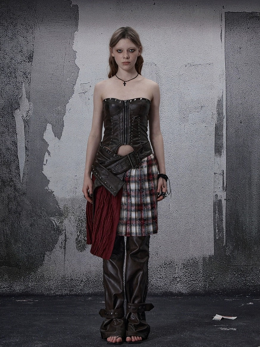 FULLTIDE Wine Red Plaid Pleated A Line Mid Waist Studded Tassel Chain Pockets Midi Skirt
