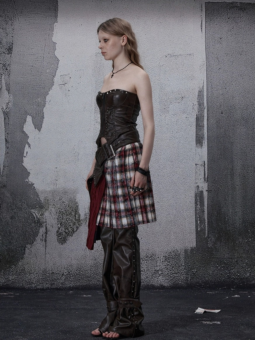 FULLTIDE Wine Red Plaid Pleated A Line Mid Waist Studded Tassel Chain Pockets Midi Skirt