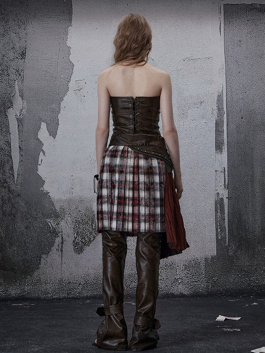 FULLTIDE Wine Red Plaid Pleated A Line Mid Waist Studded Tassel Chain Pockets Midi Skirt