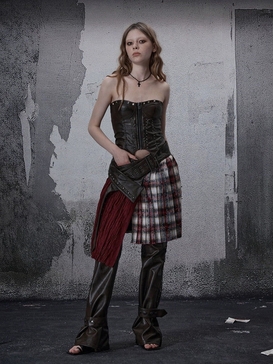 FULLTIDE Wine Red Plaid Pleated A Line Mid Waist Studded Tassel Chain Pockets Midi Skirt