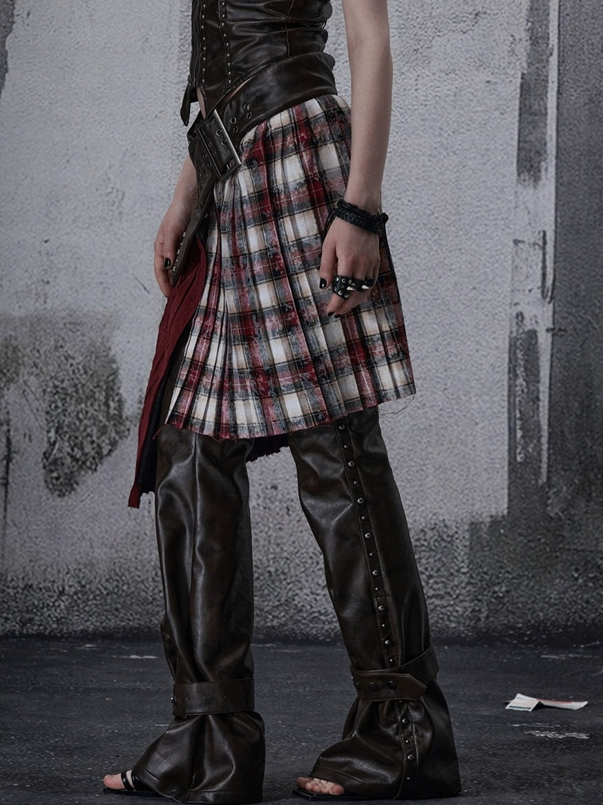 FULLTIDE Wine Red Plaid Pleated A Line Mid Waist Studded Tassel Chain Pockets Midi Skirt