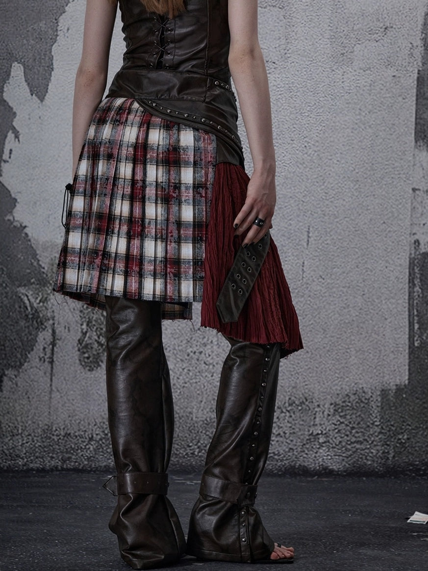 FULLTIDE Wine Red Plaid Pleated A Line Mid Waist Studded Tassel Chain Pockets Midi Skirt