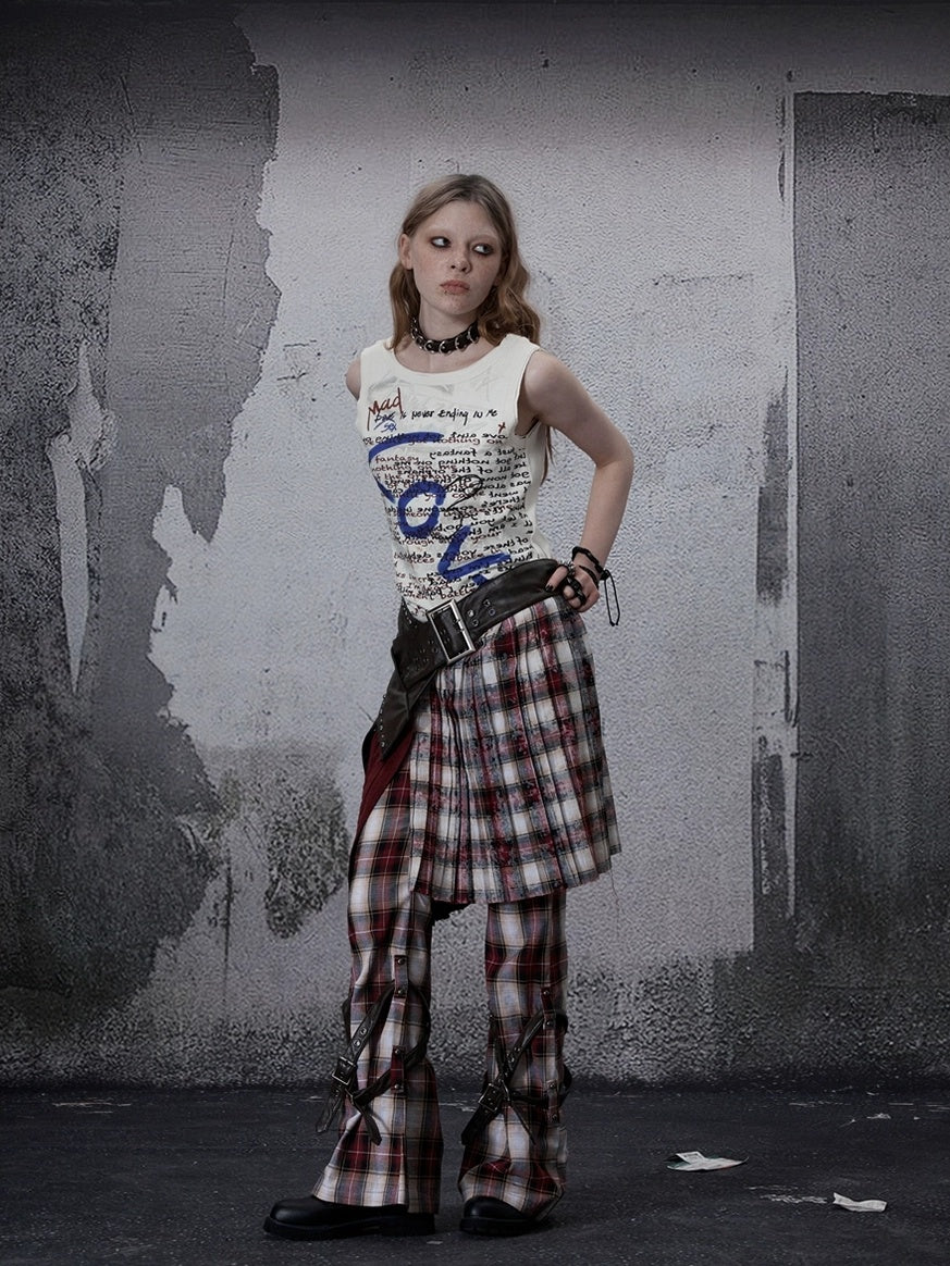 FULLTIDE Wine Red Plaid Pleated A Line Mid Waist Studded Tassel Chain Pockets Midi Skirt