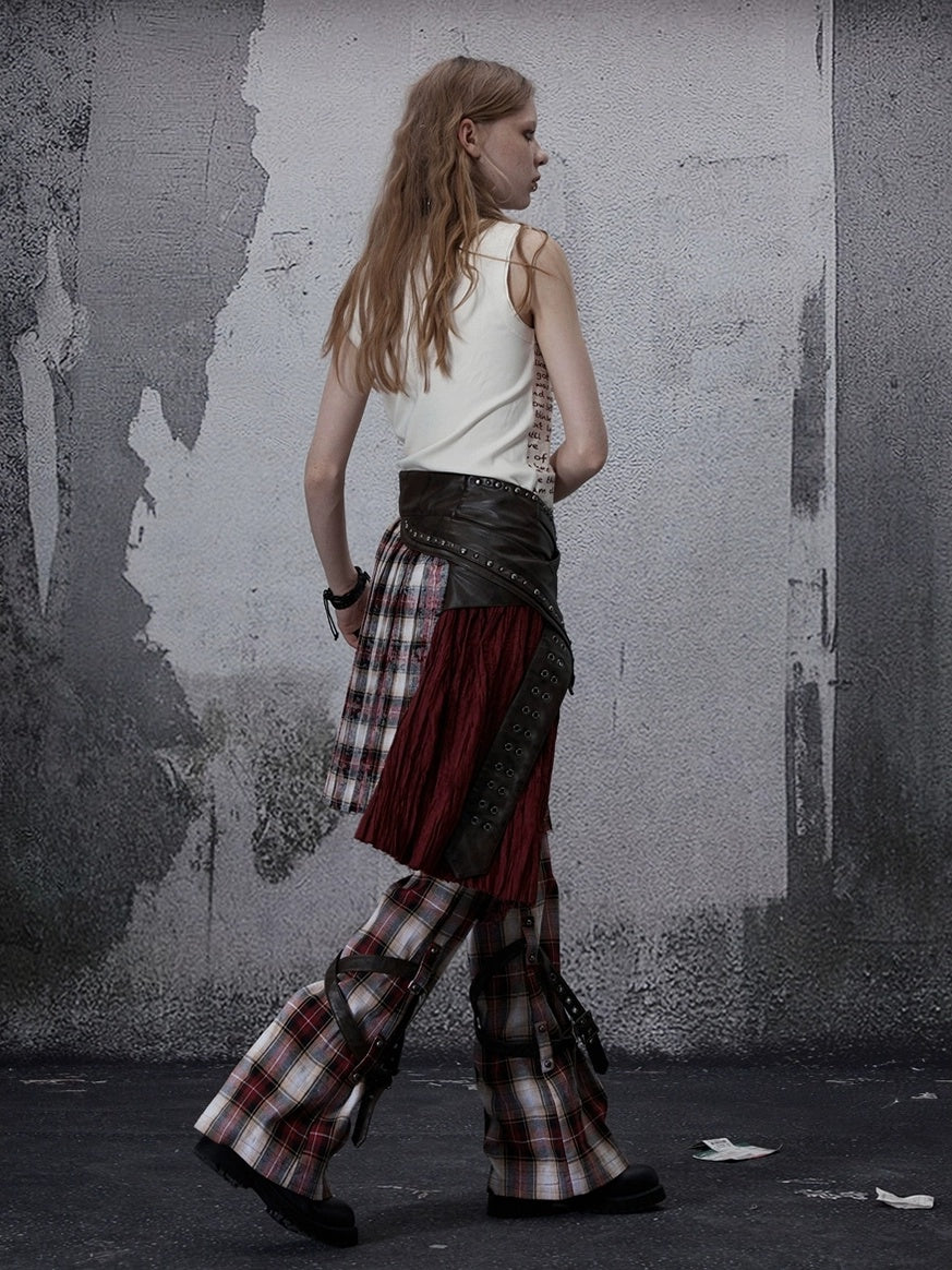 FULLTIDE Wine Red Plaid Pleated A Line Mid Waist Studded Tassel Chain Pockets Midi Skirt