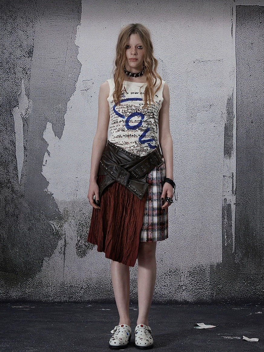 FULLTIDE Wine Red Plaid Pleated A Line Mid Waist Studded Tassel Chain Pockets Midi Skirt