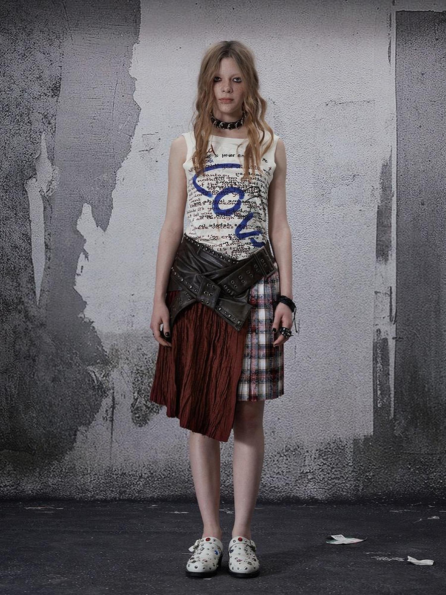 FULLTIDE Wine Red Plaid Pleated A Line Mid Waist Studded Tassel Chain Pockets Midi Skirt