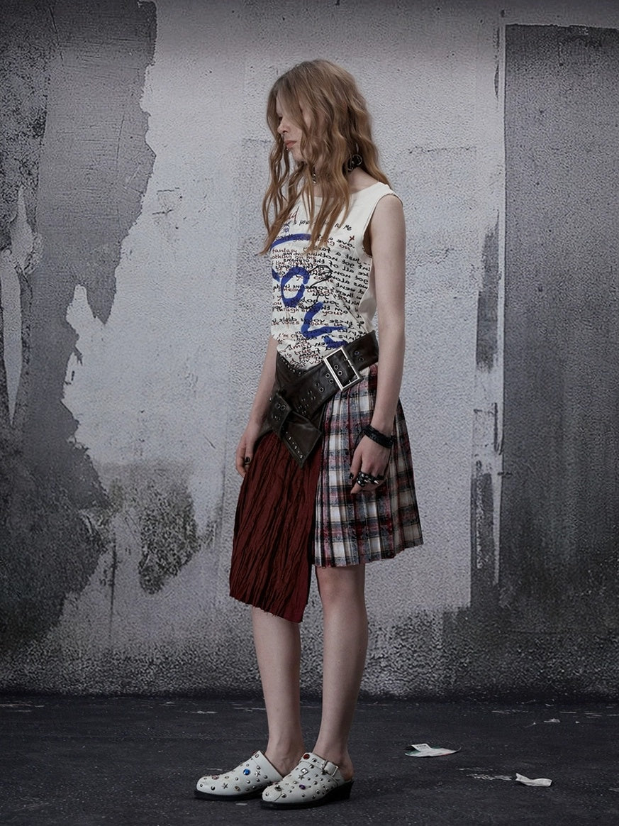 FULLTIDE Wine Red Plaid Pleated A Line Mid Waist Studded Tassel Chain Pockets Midi Skirt