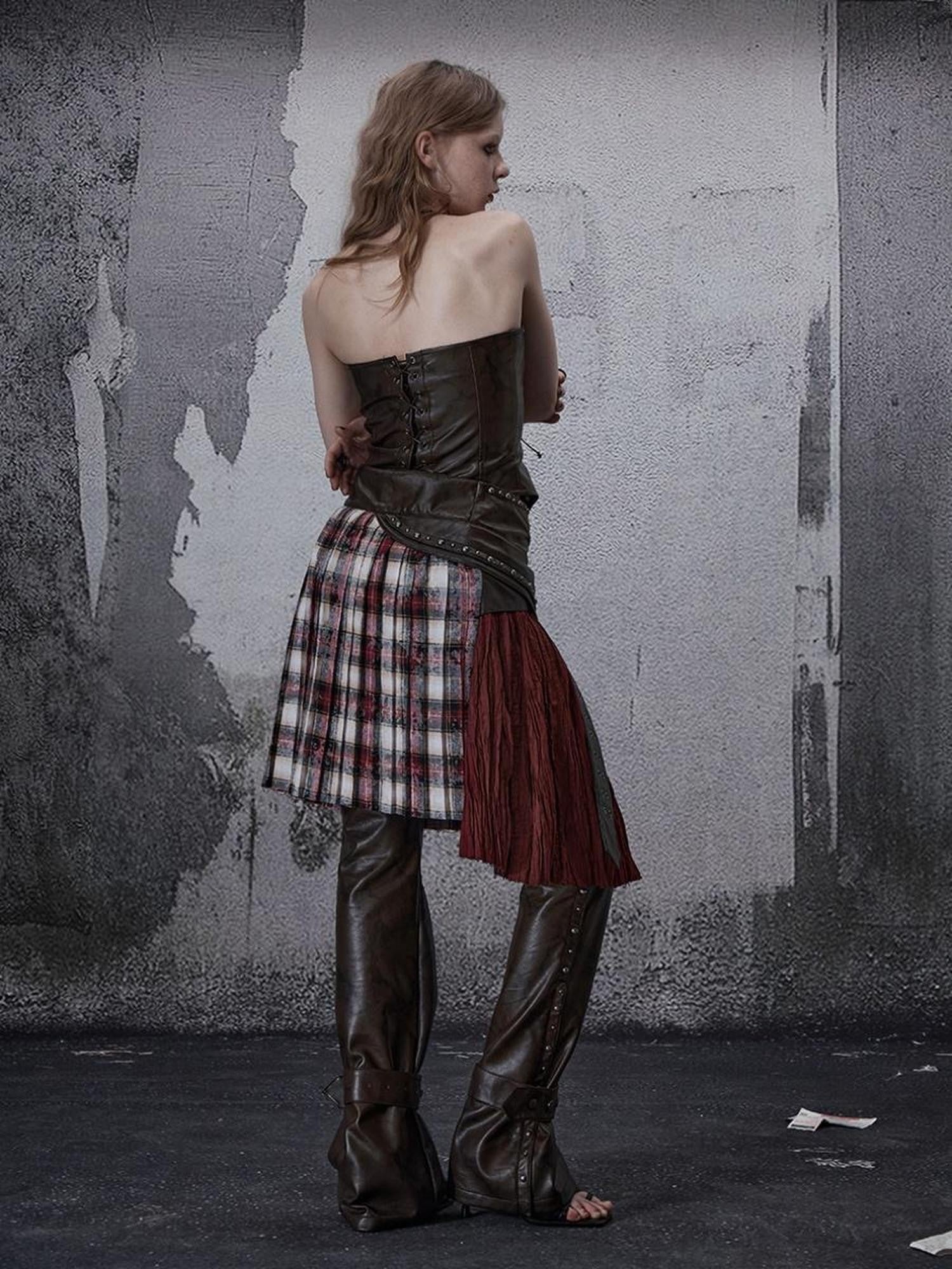 FULLTIDE Wine Red Plaid Pleated A Line Mid Waist Studded Tassel Chain Pockets Midi Skirt