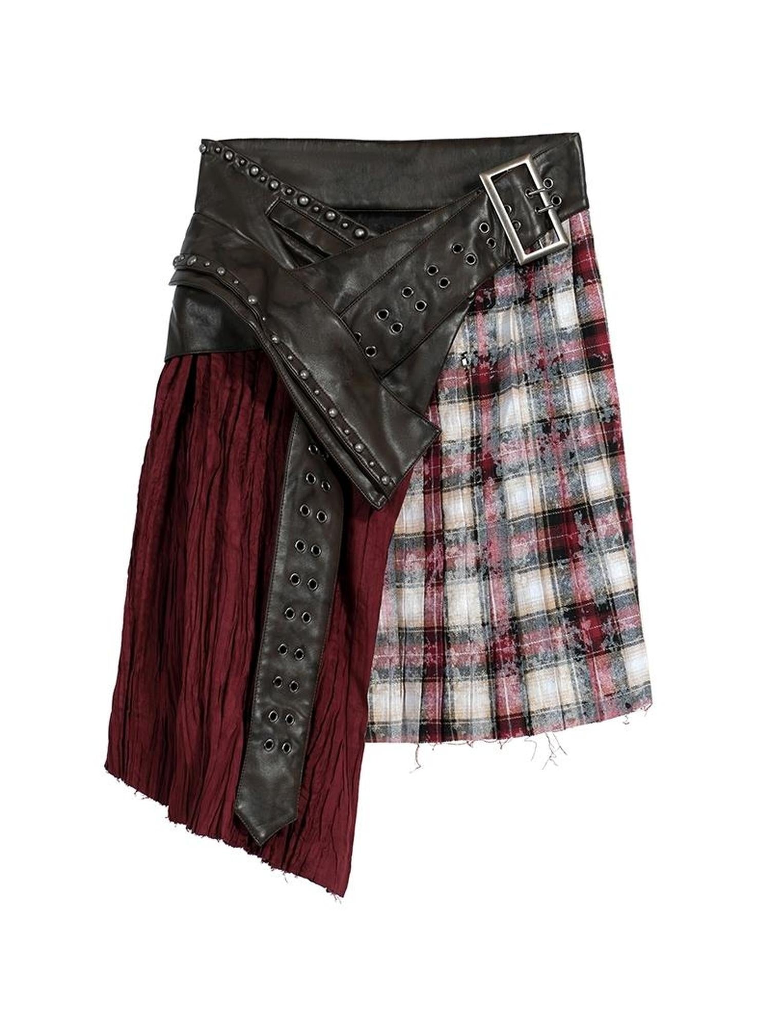 FULLTIDE Wine Red Plaid Pleated A Line Mid Waist Studded Tassel Chain Pockets Midi Skirt