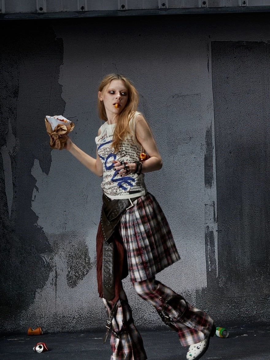 FULLTIDE Wine Red Plaid Pleated A Line Mid Waist Studded Tassel Chain Pockets Midi Skirt