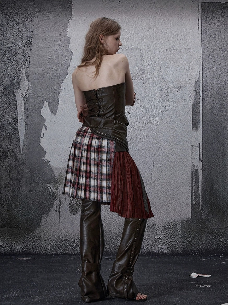 FULLTIDE Wine Red Plaid Pleated A Line Mid Waist Studded Tassel Chain Pockets Midi Skirt