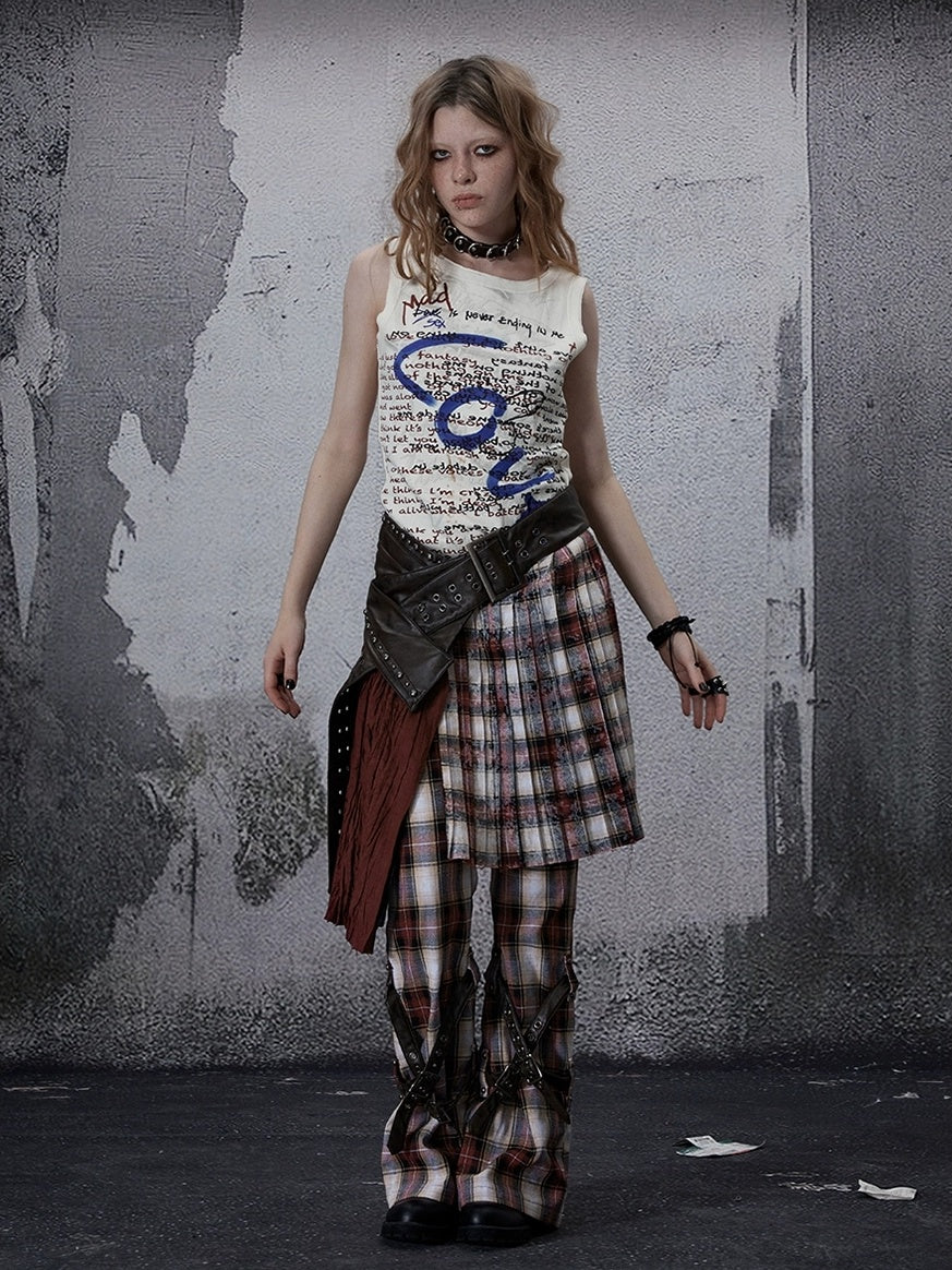 FULLTIDE Wine Red Plaid Pleated A Line Mid Waist Studded Tassel Chain Pockets Midi Skirt