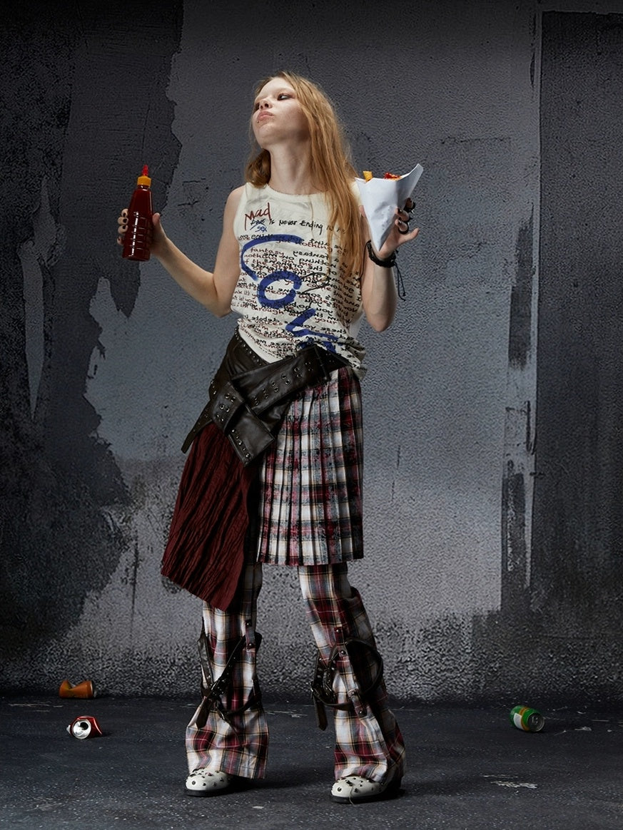 FULLTIDE Wine Red Plaid Pleated A Line Mid Waist Studded Tassel Chain Pockets Midi Skirt