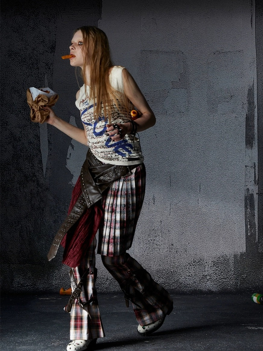 FULLTIDE Wine Red Plaid Pleated A Line Mid Waist Studded Tassel Chain Pockets Midi Skirt