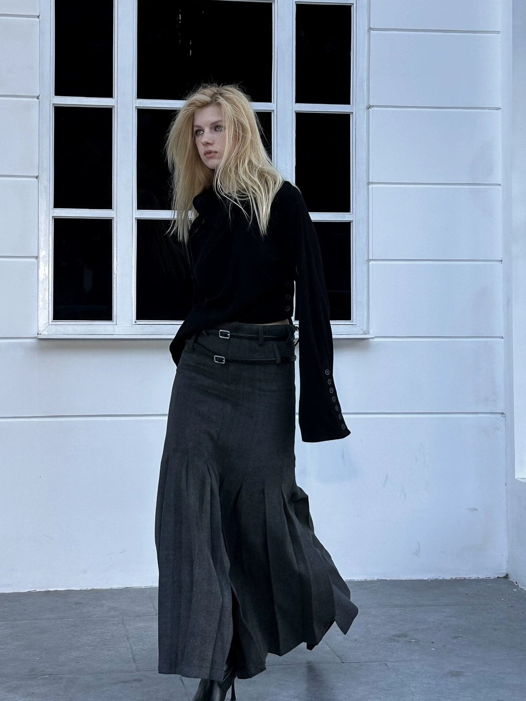 FULLTIDE Wool Blend Tailored Mid Rise Suit Style Women Versatile Maxi Skirt