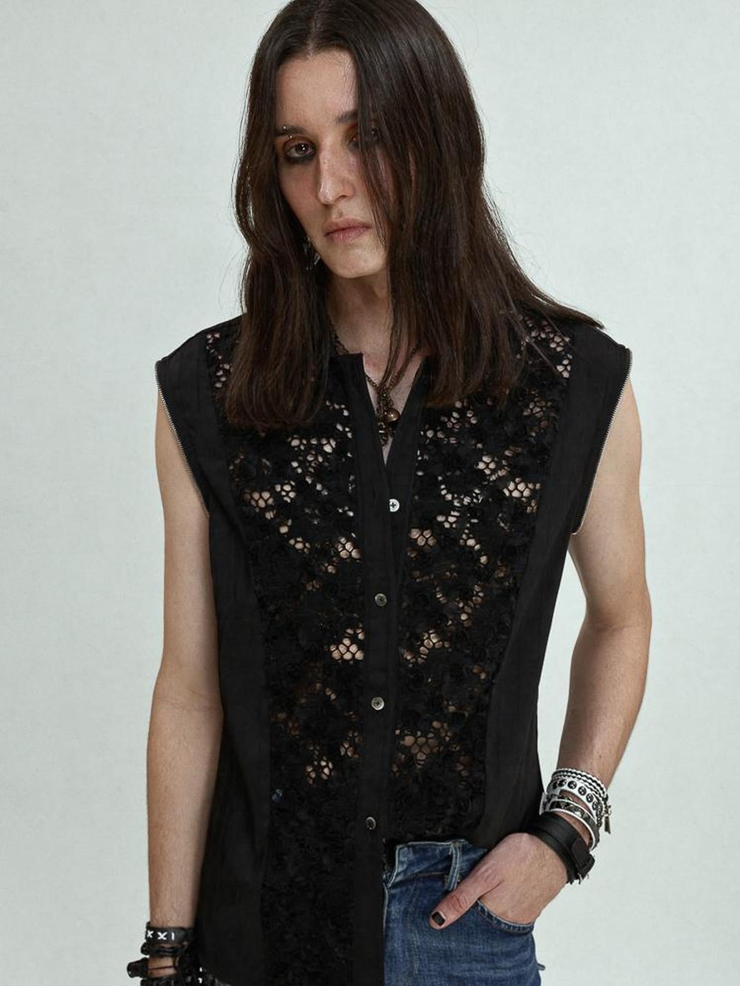 FULLTIDE Wrinkle Free Satin Square Neck Rock Chic Women Evening Zip Pleated Shimmer Shirt