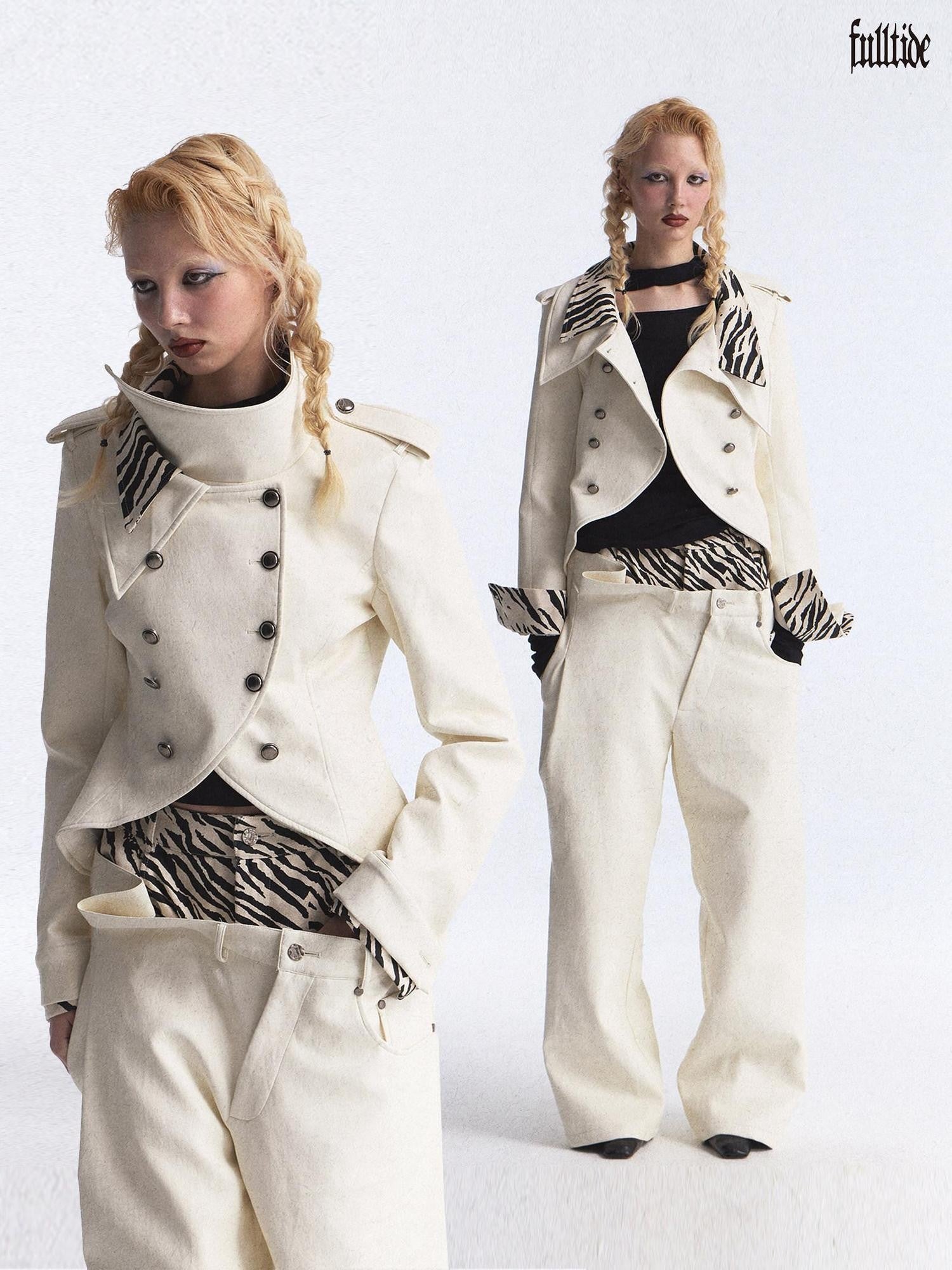 FULLTIDE Zebra Patchwork Asymmetric Double Breasted Vintage Women&