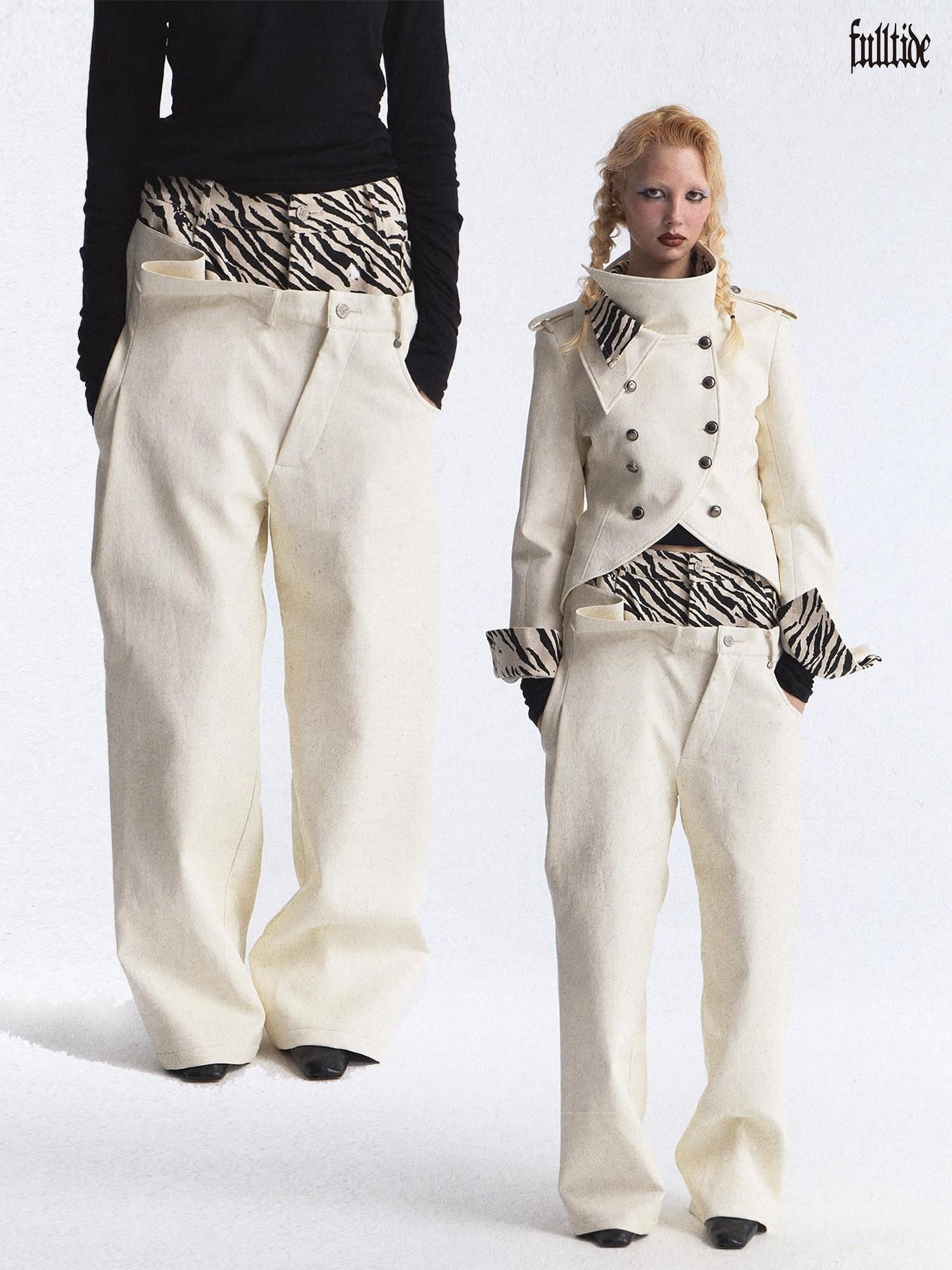 FULLTIDE Zebra Print Asymmetric Washed Double Waist Women&