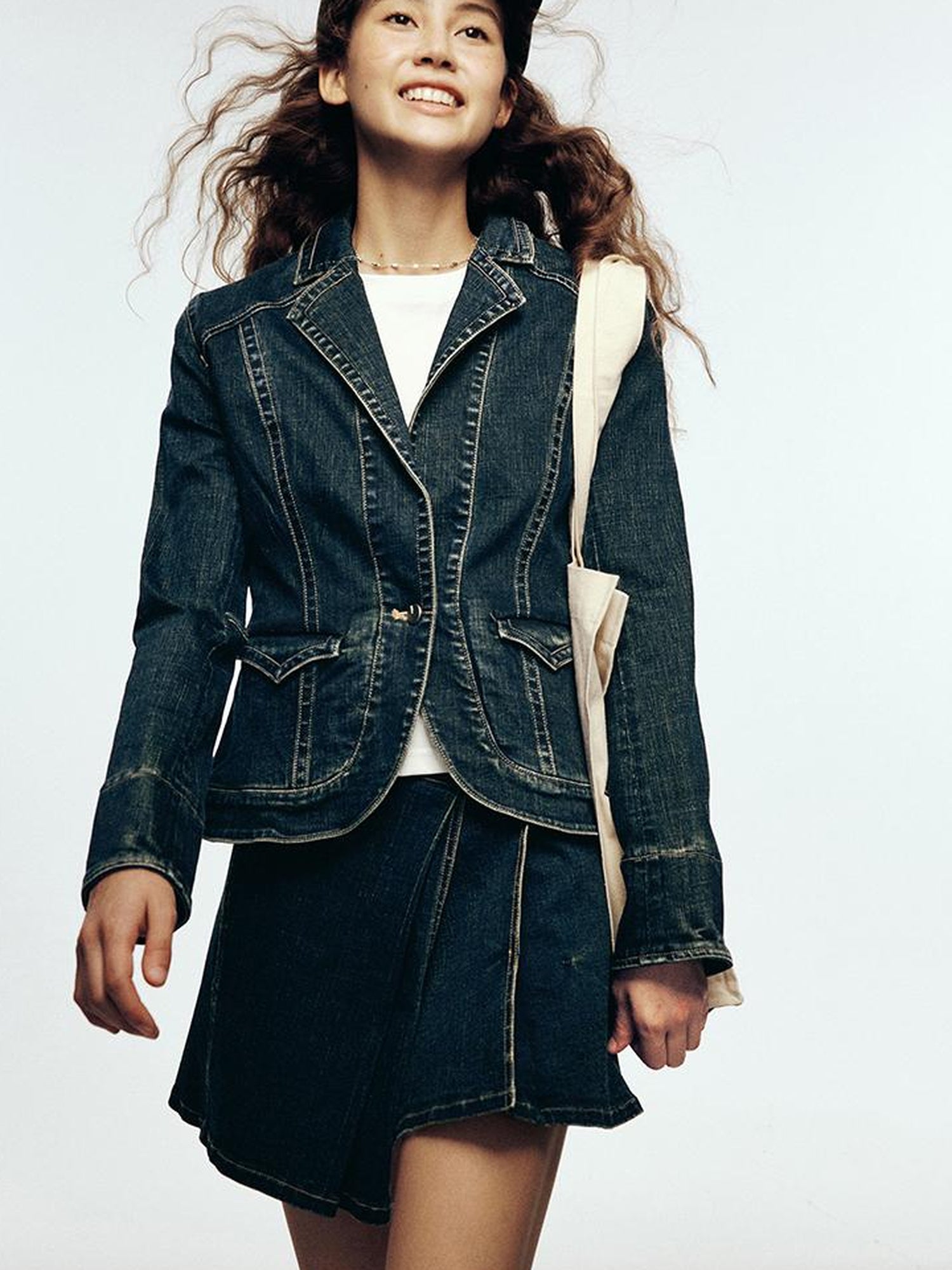 FUSSED 24 Aw High School Wash Asymmetrical Adjustable One Piece Denim Skirt