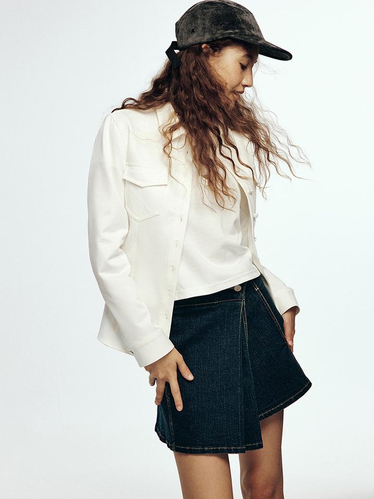 FUSSED 24 Aw High School Wash Asymmetrical Adjustable One Piece Denim Skirt