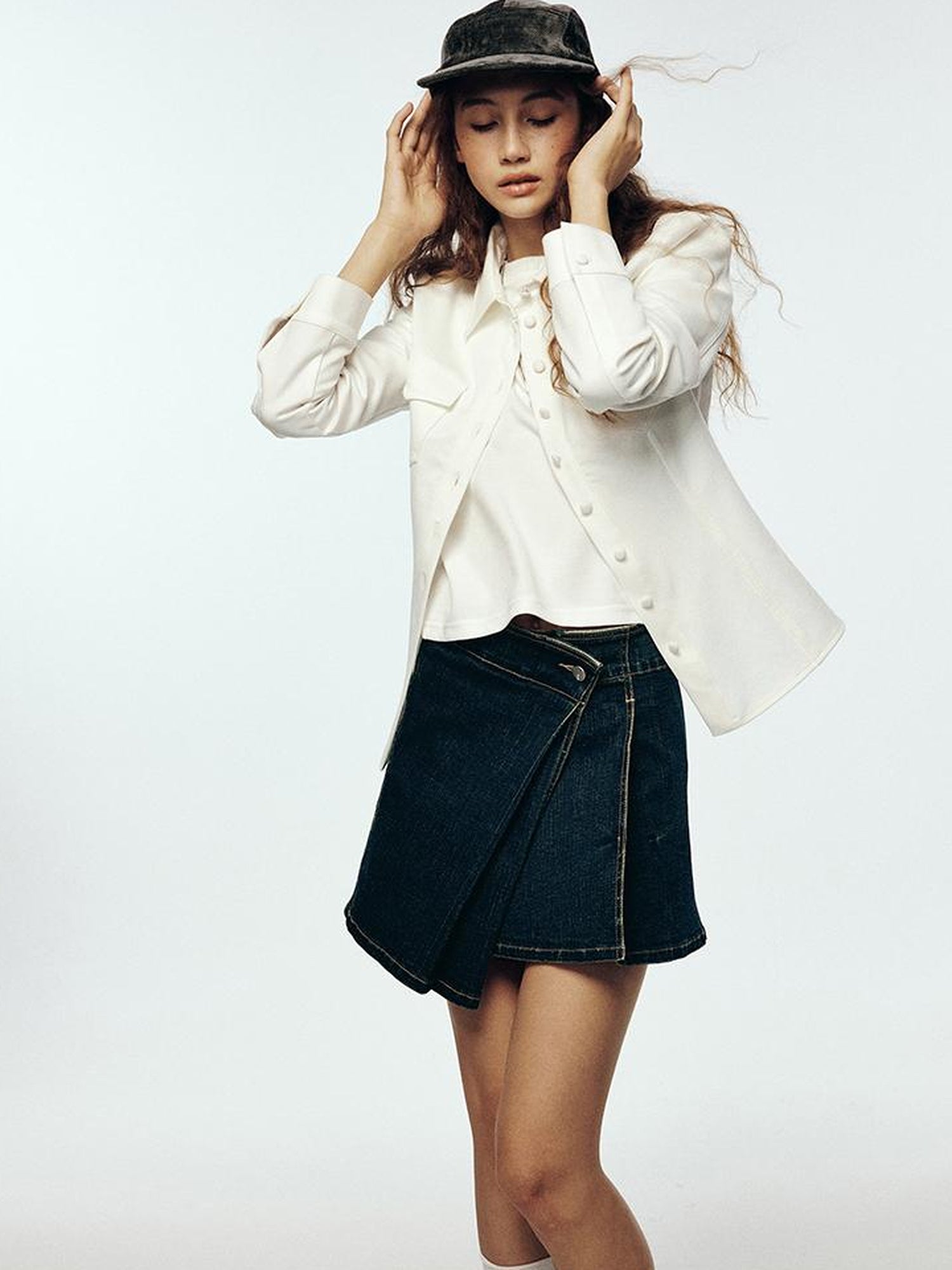 FUSSED 24 Aw High School Wash Asymmetrical Adjustable One Piece Denim Skirt