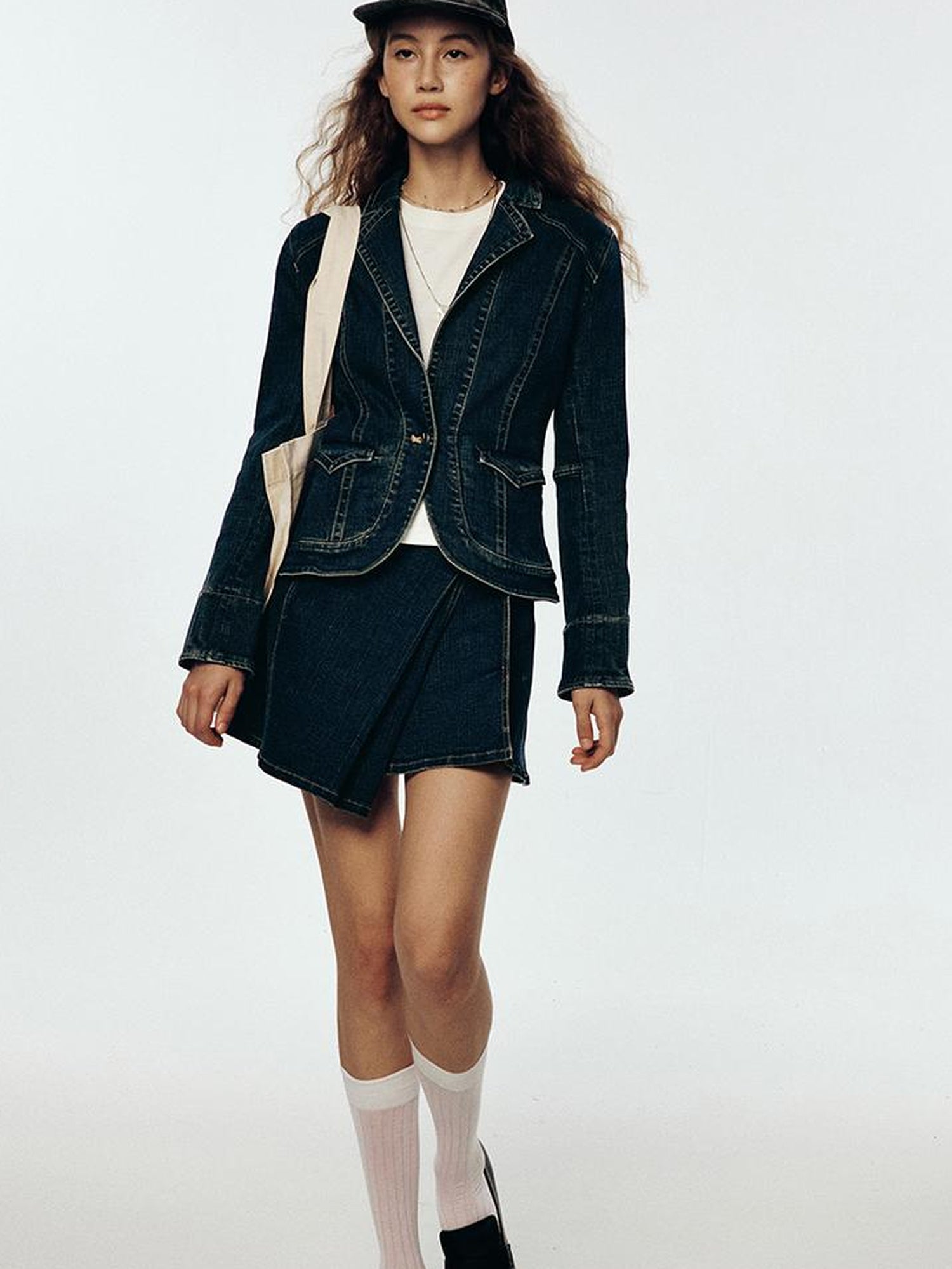 FUSSED 24 Aw High School Wash Asymmetrical Adjustable One Piece Denim Skirt