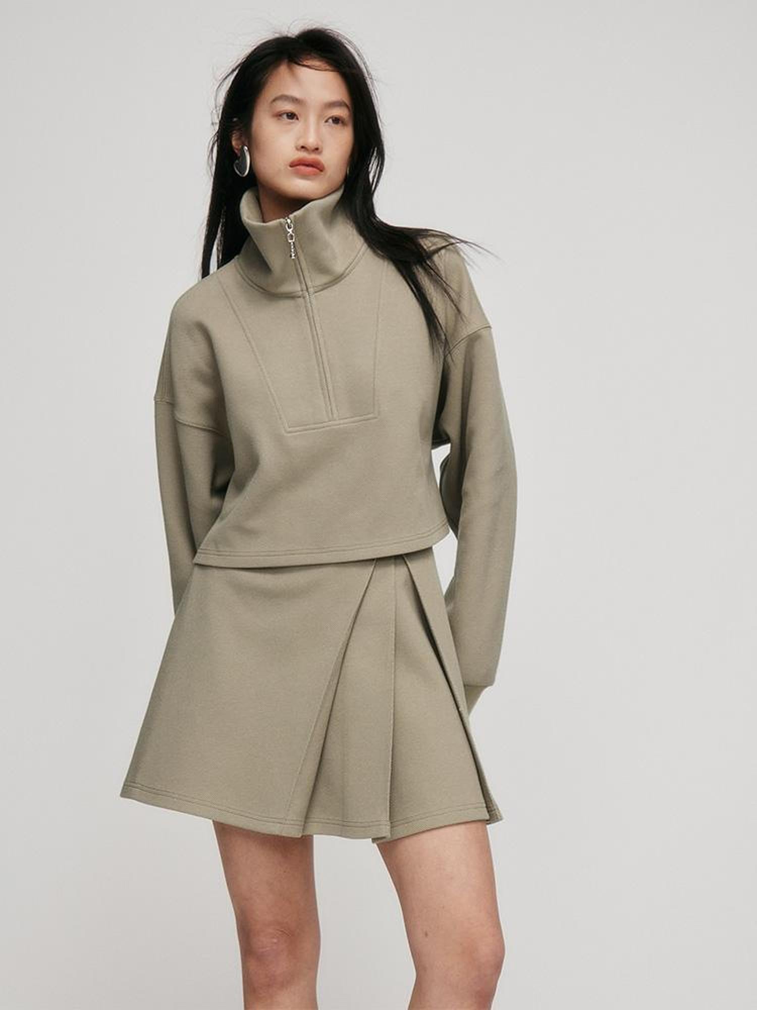FUSSED A Line Pleated Pique Cotton Skirt In Flax Green