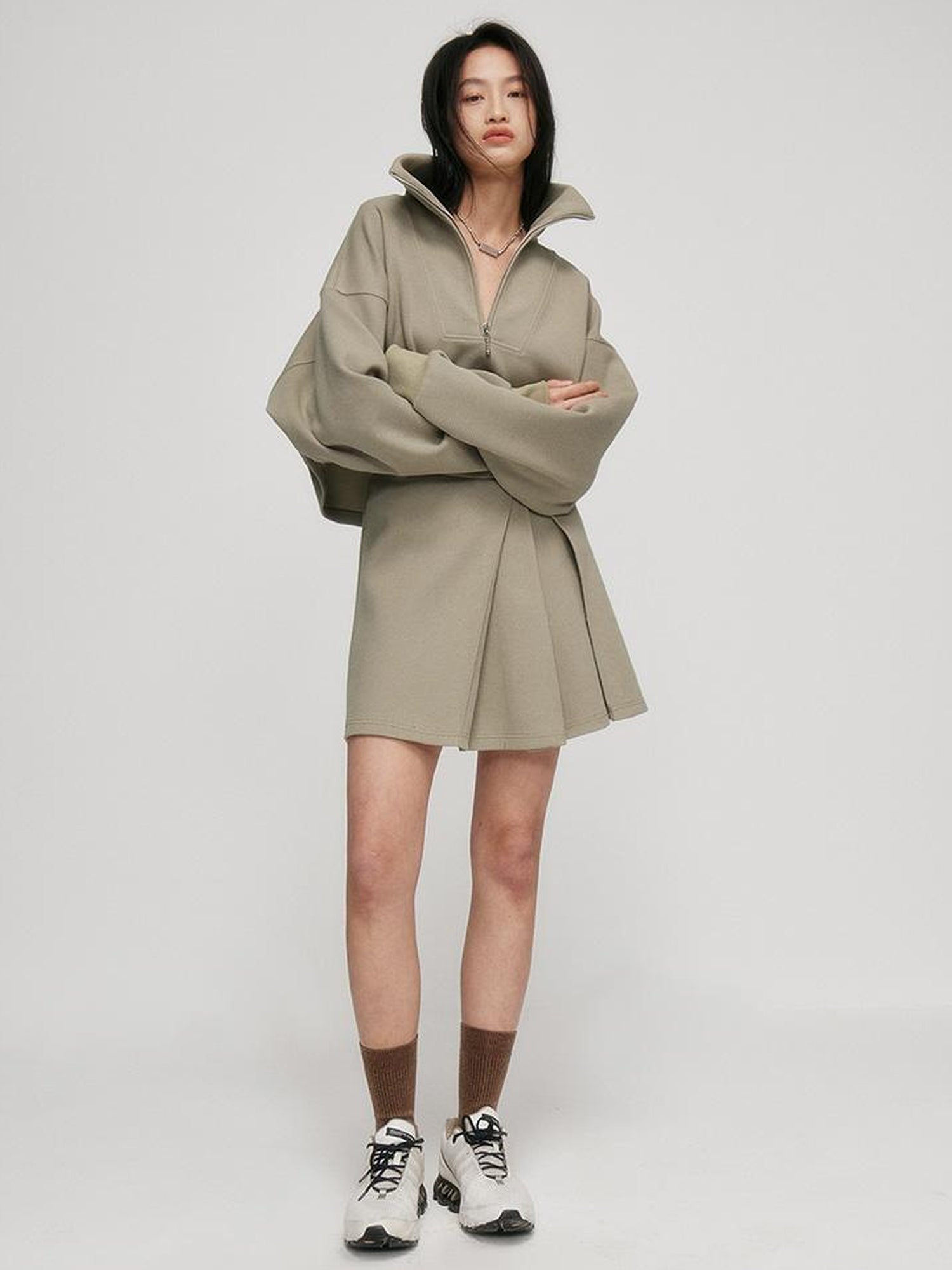 FUSSED A Line Pleated Pique Cotton Skirt In Flax Green