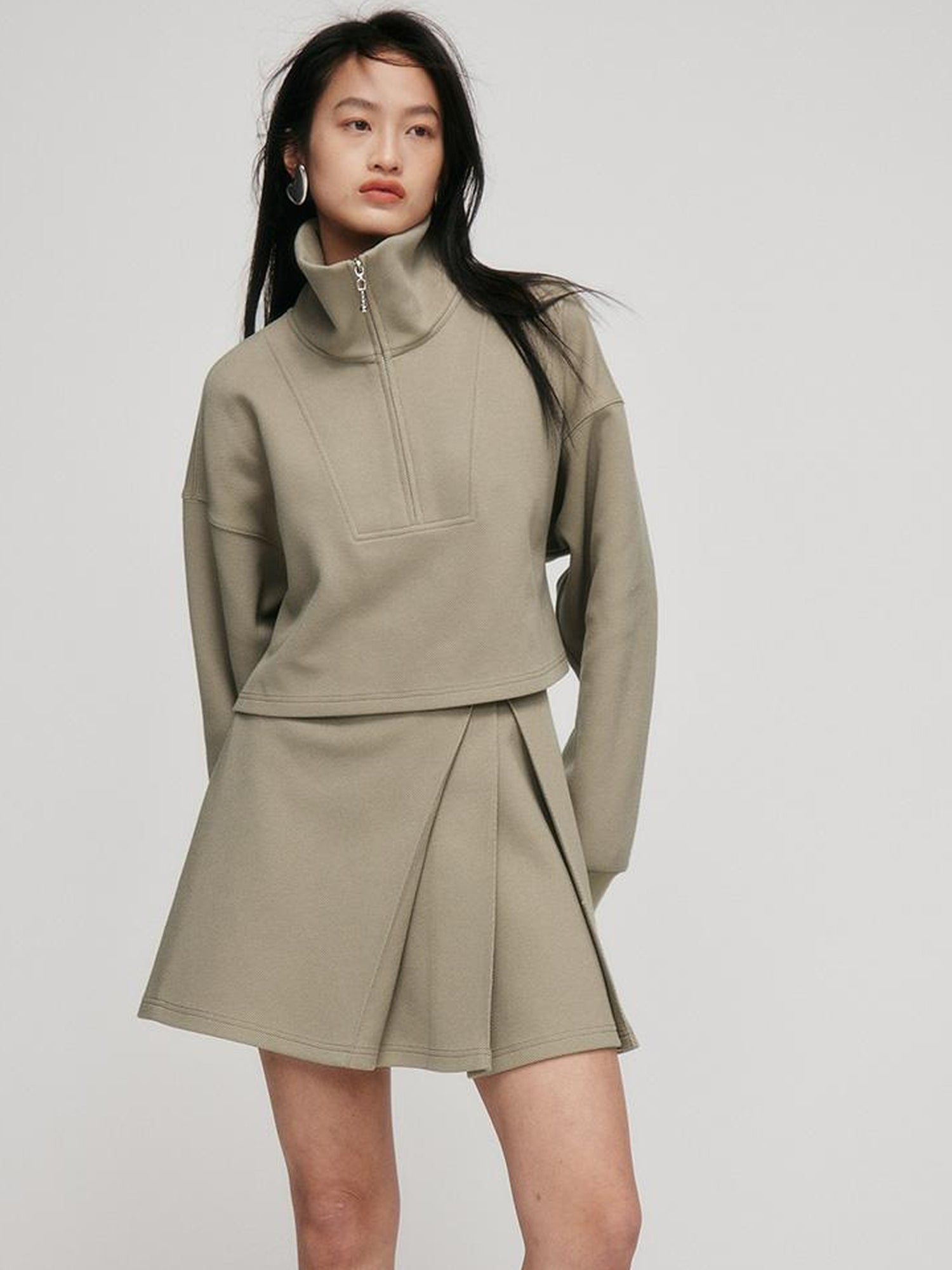 FUSSED A Line Pleated Pique Cotton Skirt In Flax Green