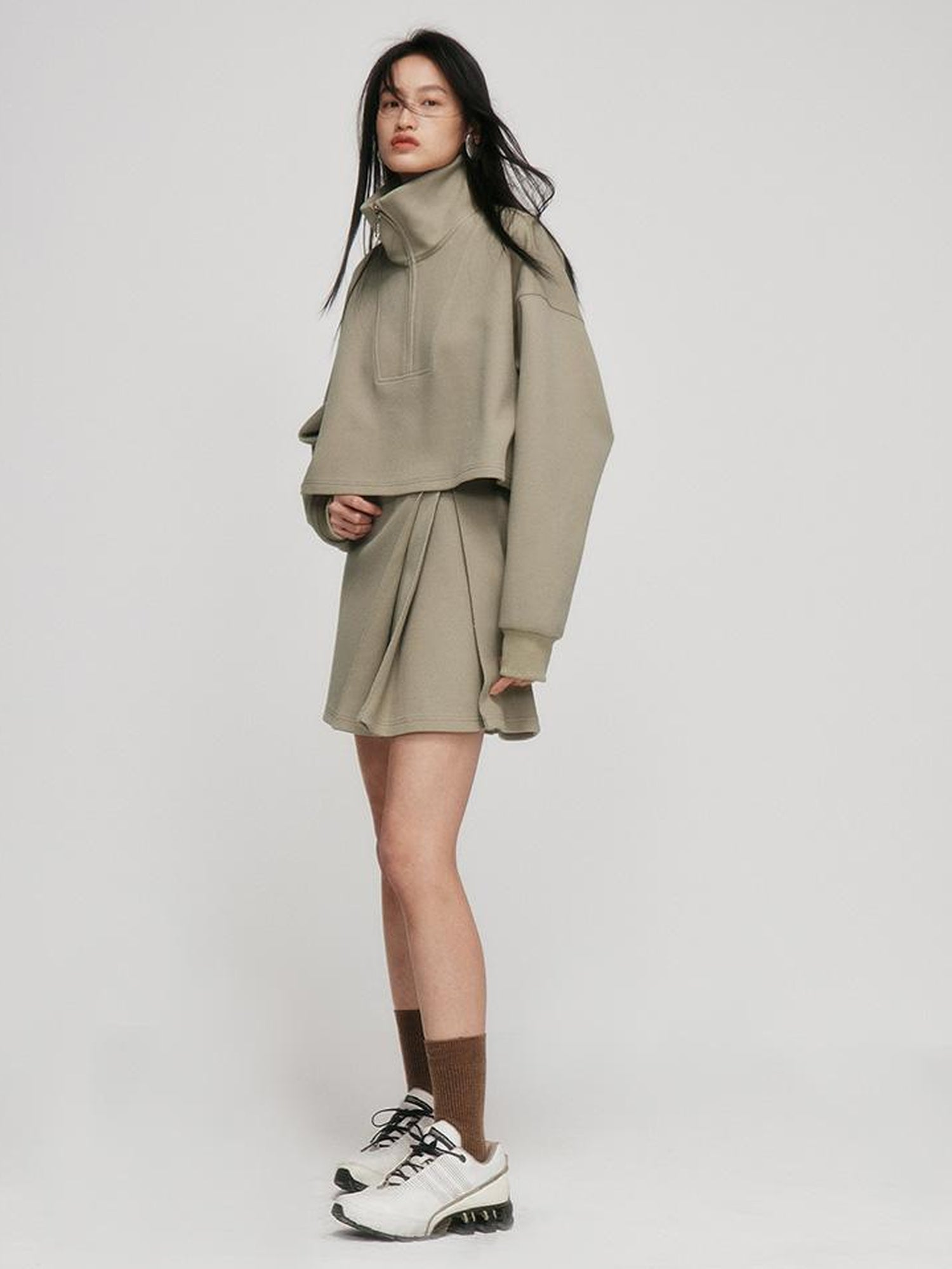 FUSSED A Line Pleated Pique Cotton Skirt In Flax Green