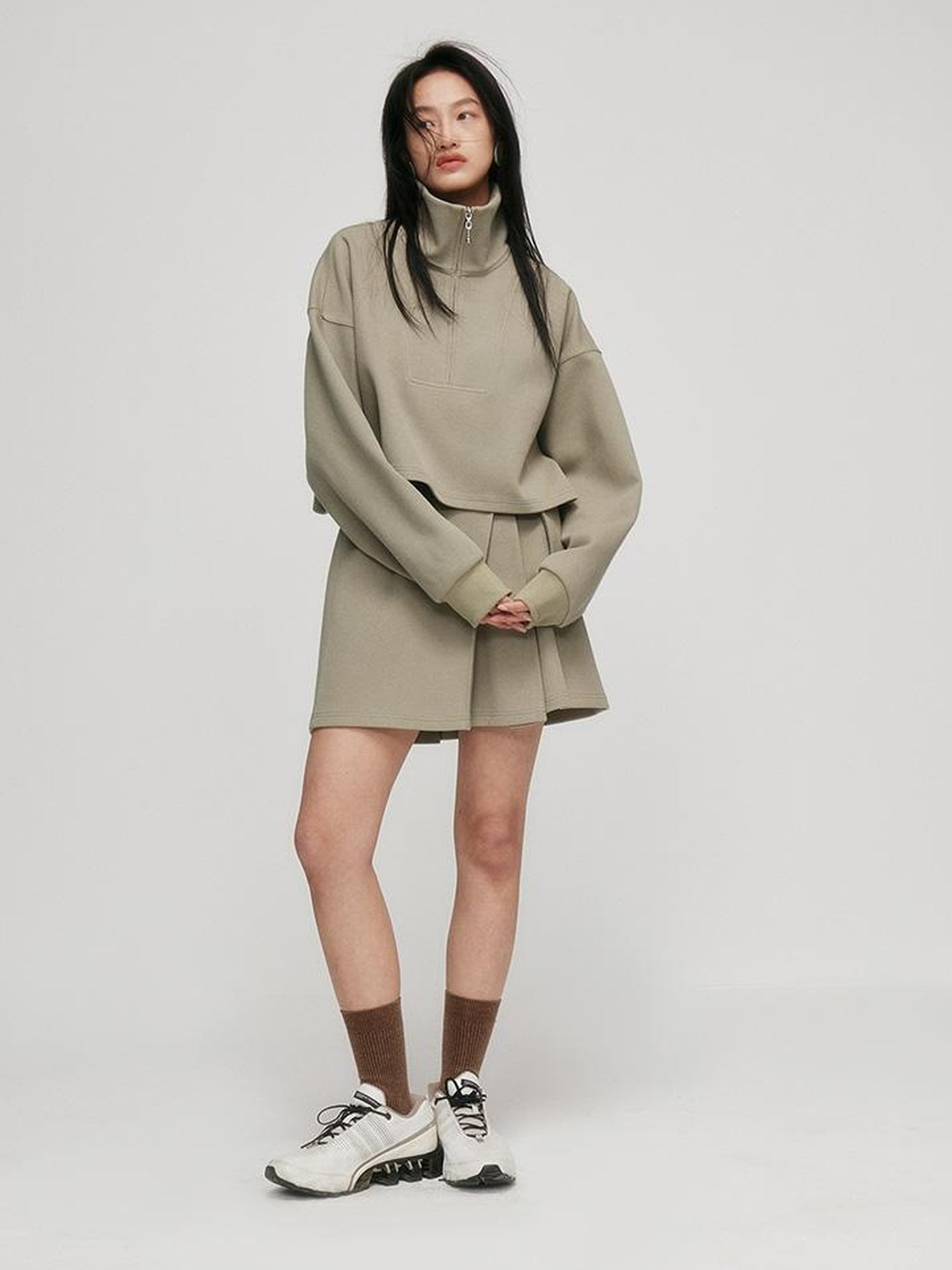 FUSSED A Line Pleated Pique Cotton Skirt In Flax Green