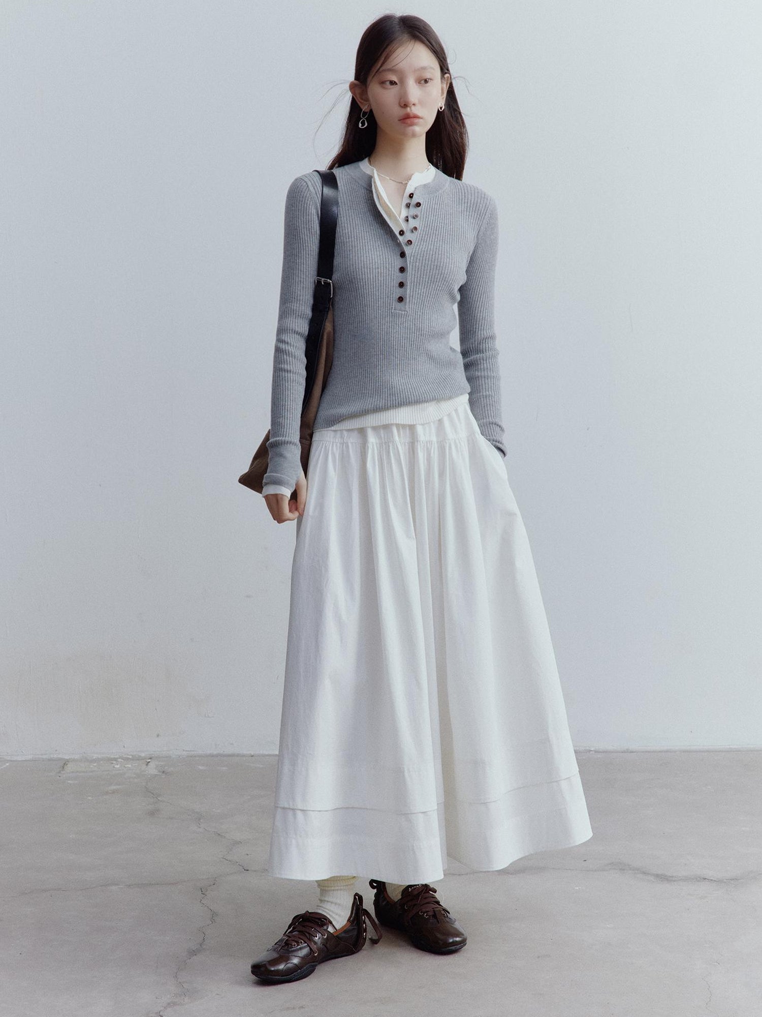 FUSSED A Line Tiered Cotton Midi Skirt with Drawstring Waist