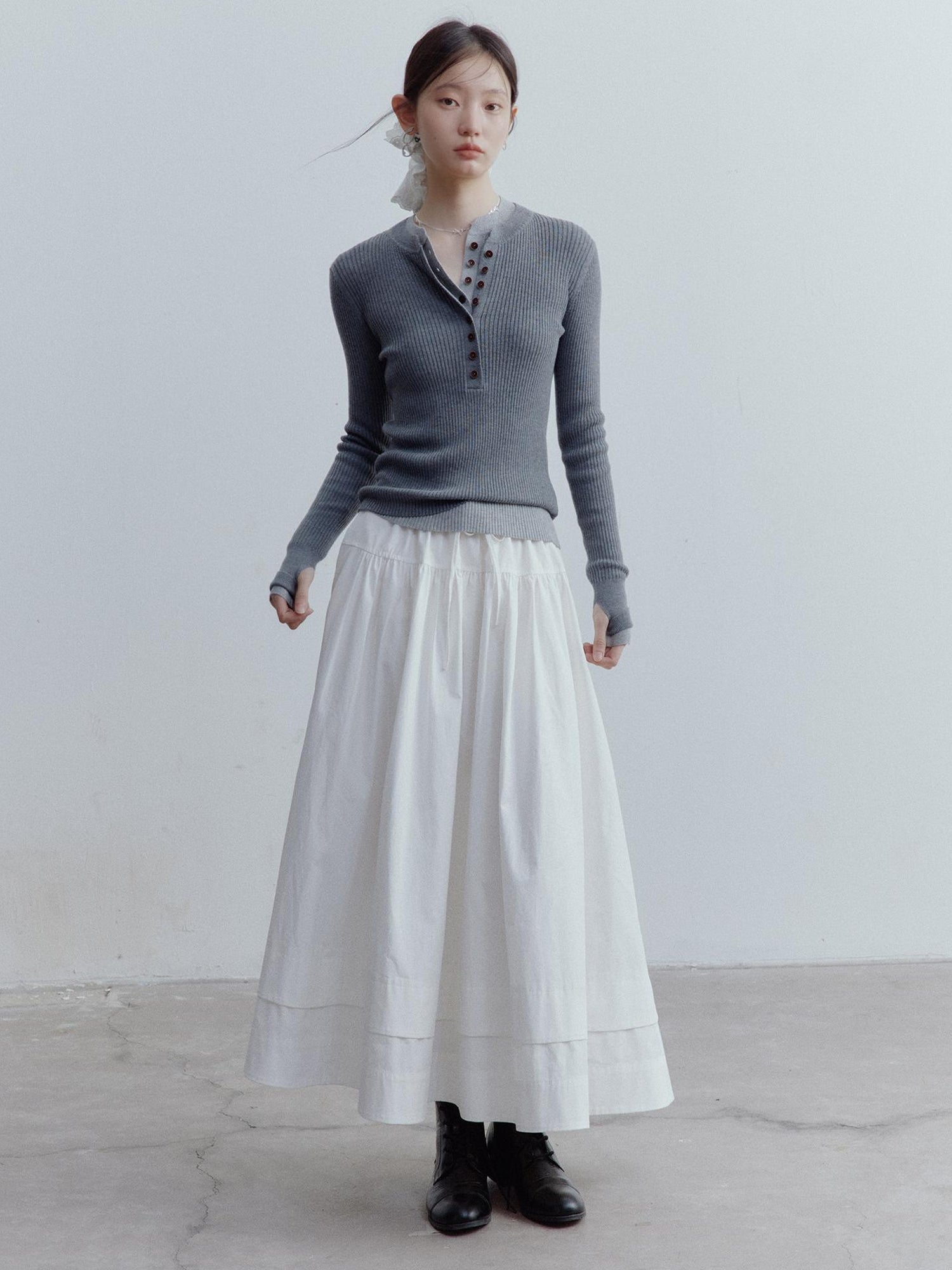 FUSSED A Line Tiered Cotton Midi Skirt with Drawstring Waist