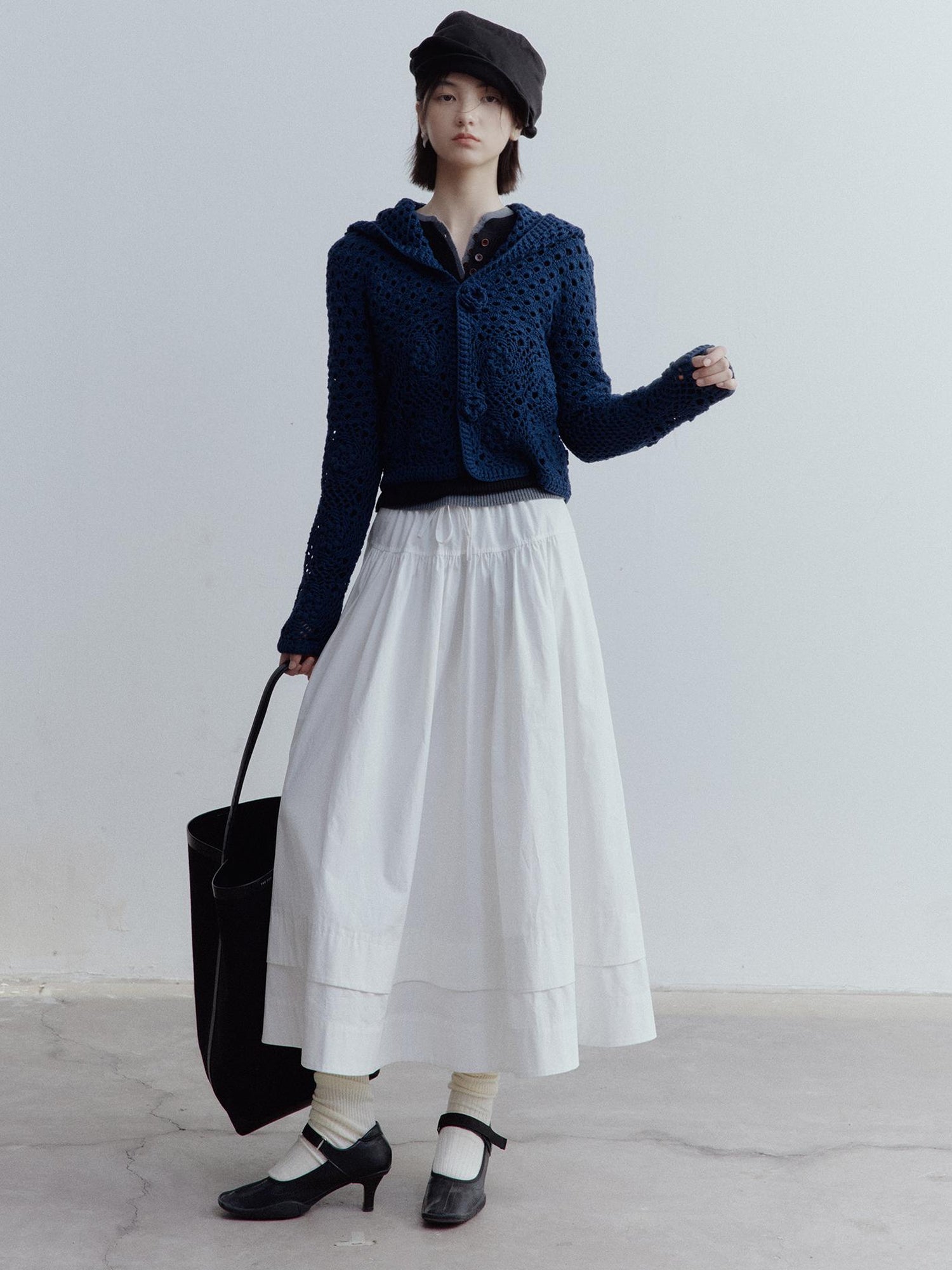 FUSSED A Line Tiered Cotton Midi Skirt with Drawstring Waist