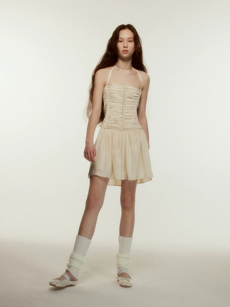 FUSSED_Almond_Chiffon_Textured_Ruffle_Mini_Dress_V_Neck_T_Shirt_Long_Sleeve_MISSTT