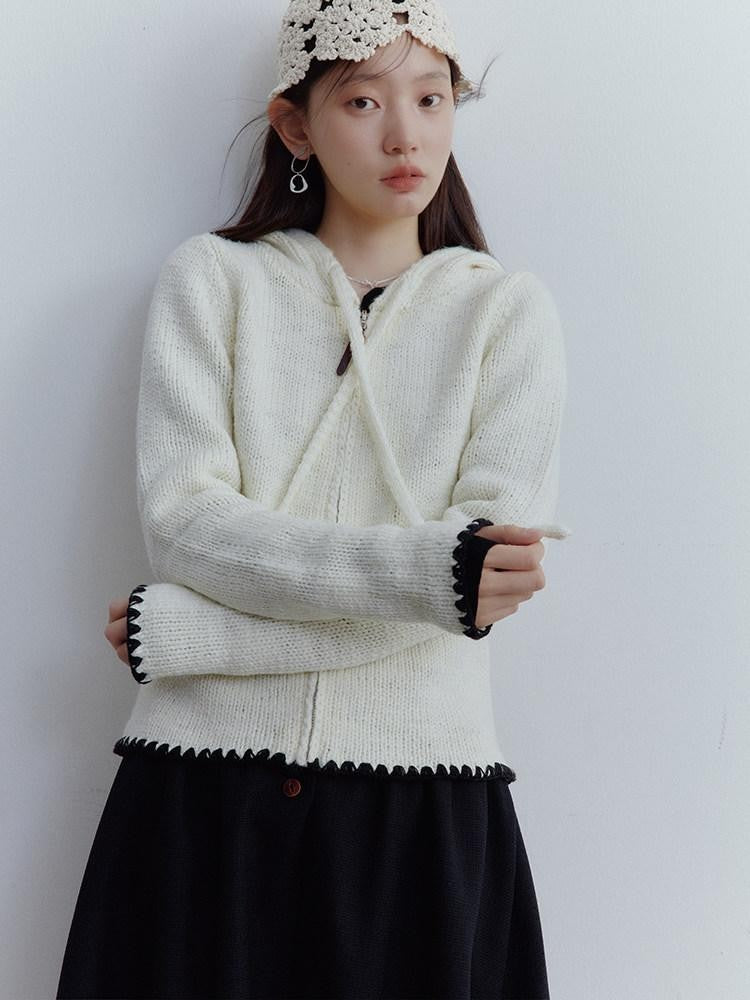 FUSSED Almond Cream Contrast Shell Embroidery Hooded Zippered Women&