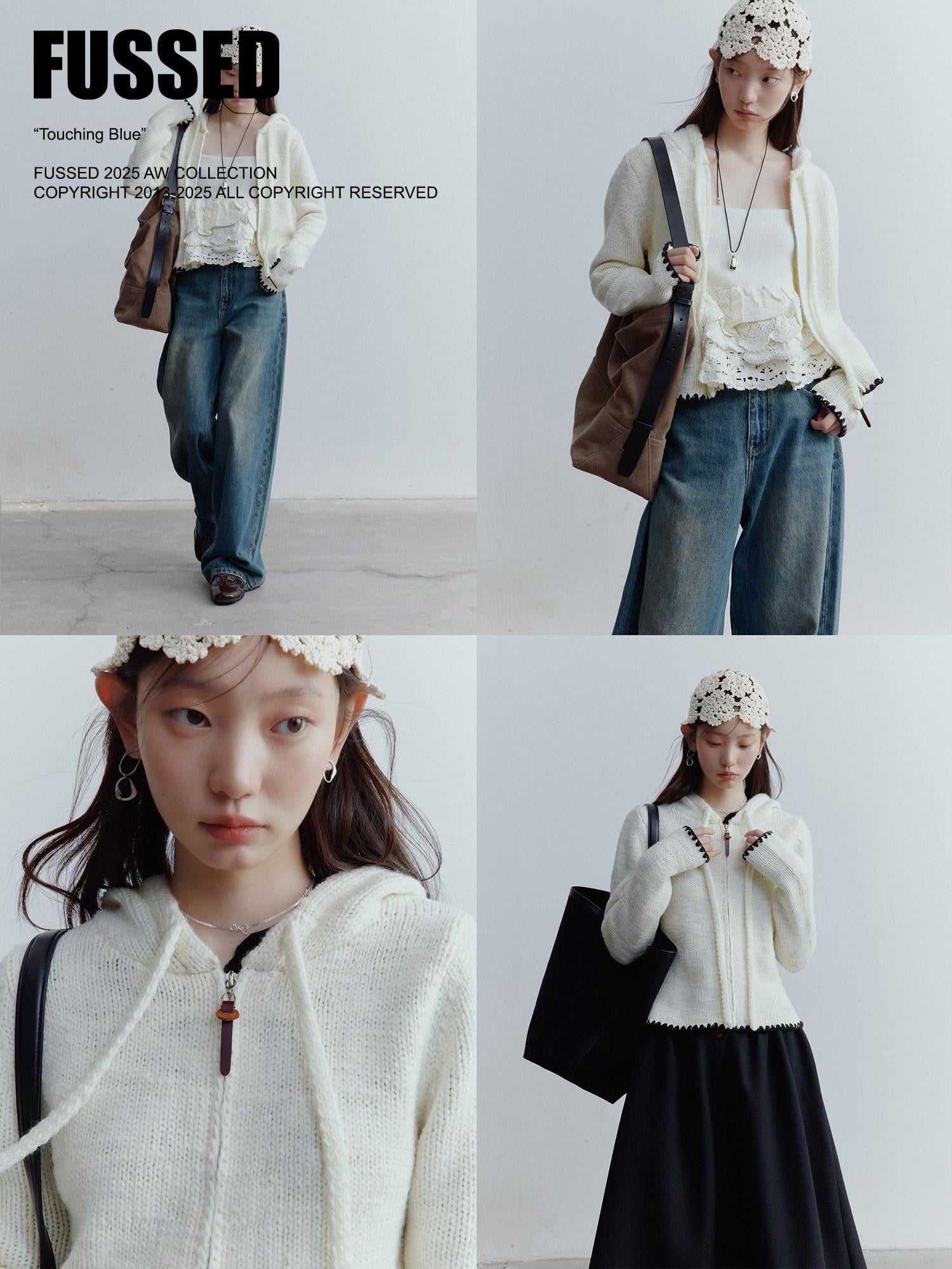 FUSSED Almond Cream Contrast Shell Embroidery Hooded Zippered Women&