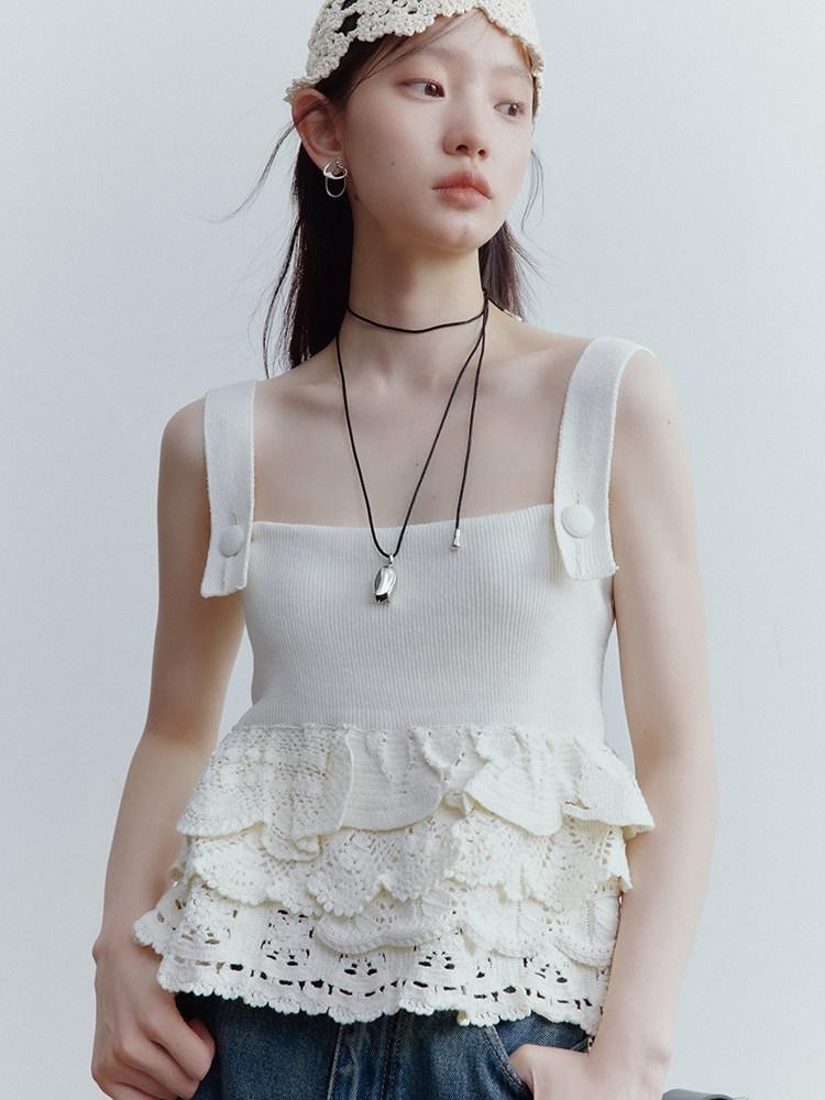 FUSSED Almond Cream Hand Crochet Five Floral Square Neck Women&