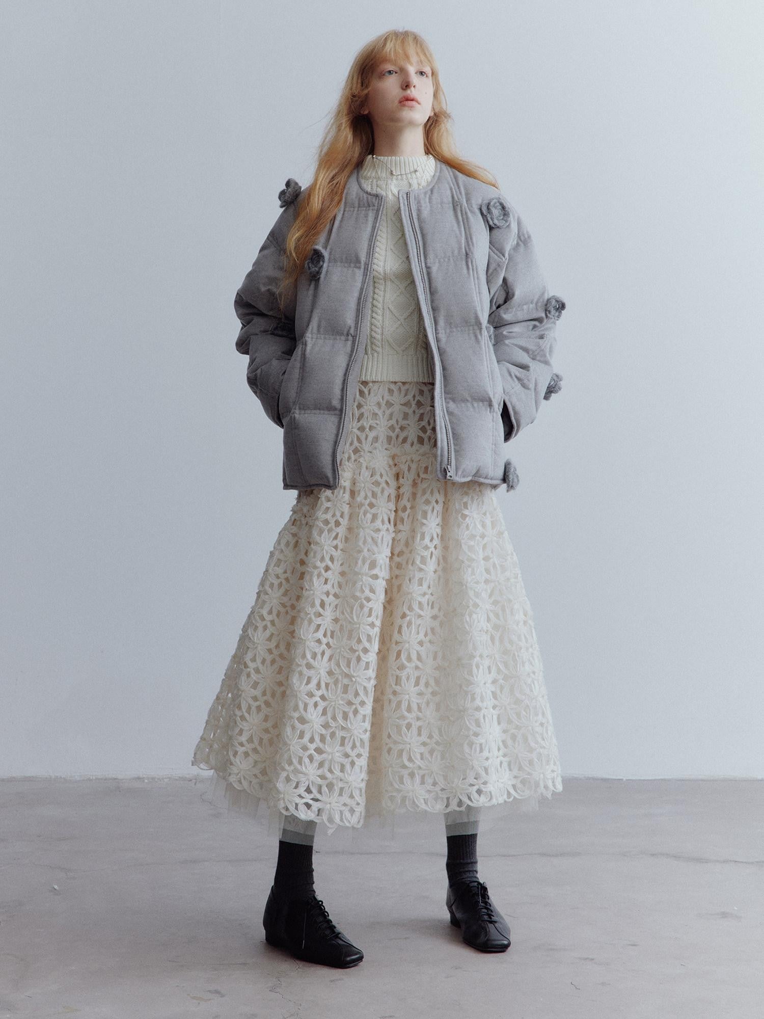 FUSSED Almond White Cutout Floral Heavy 3d Spliced Women&