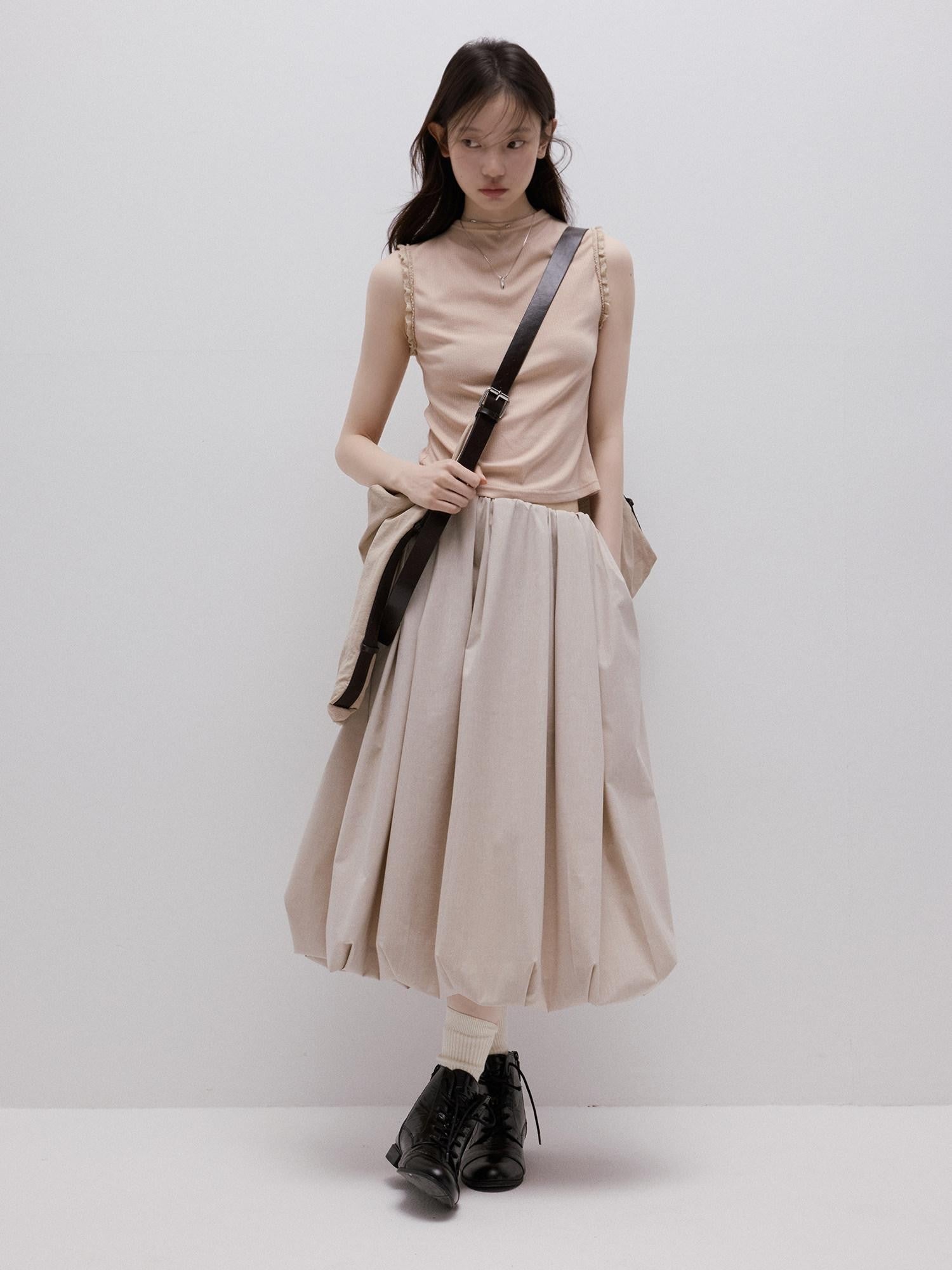 FUSSED Apricot Gray Irregular Pleated Bubble A Line Women&