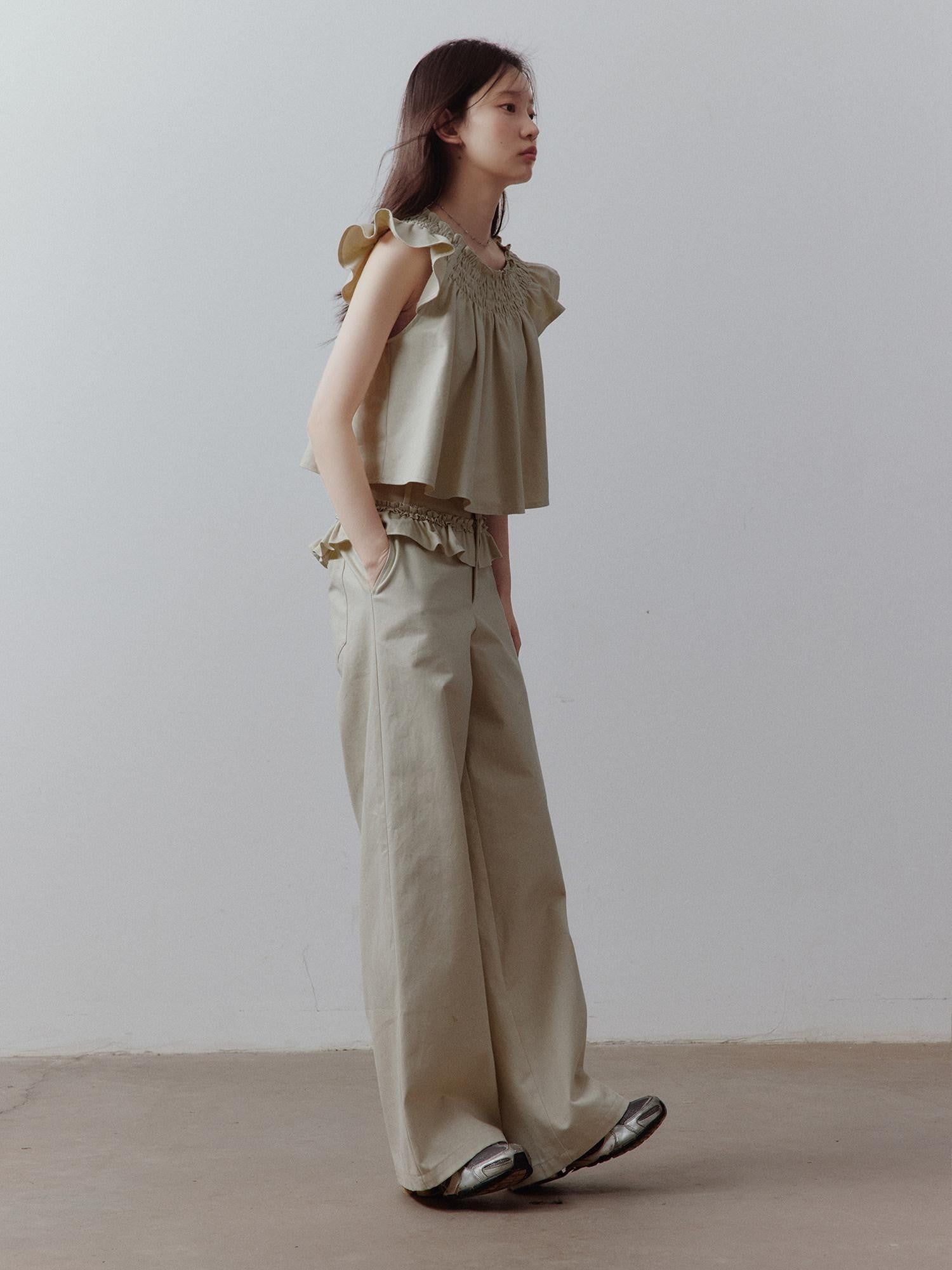FUSSED Apricot Gray Layered Patchwork Pockets Low Waist Women&