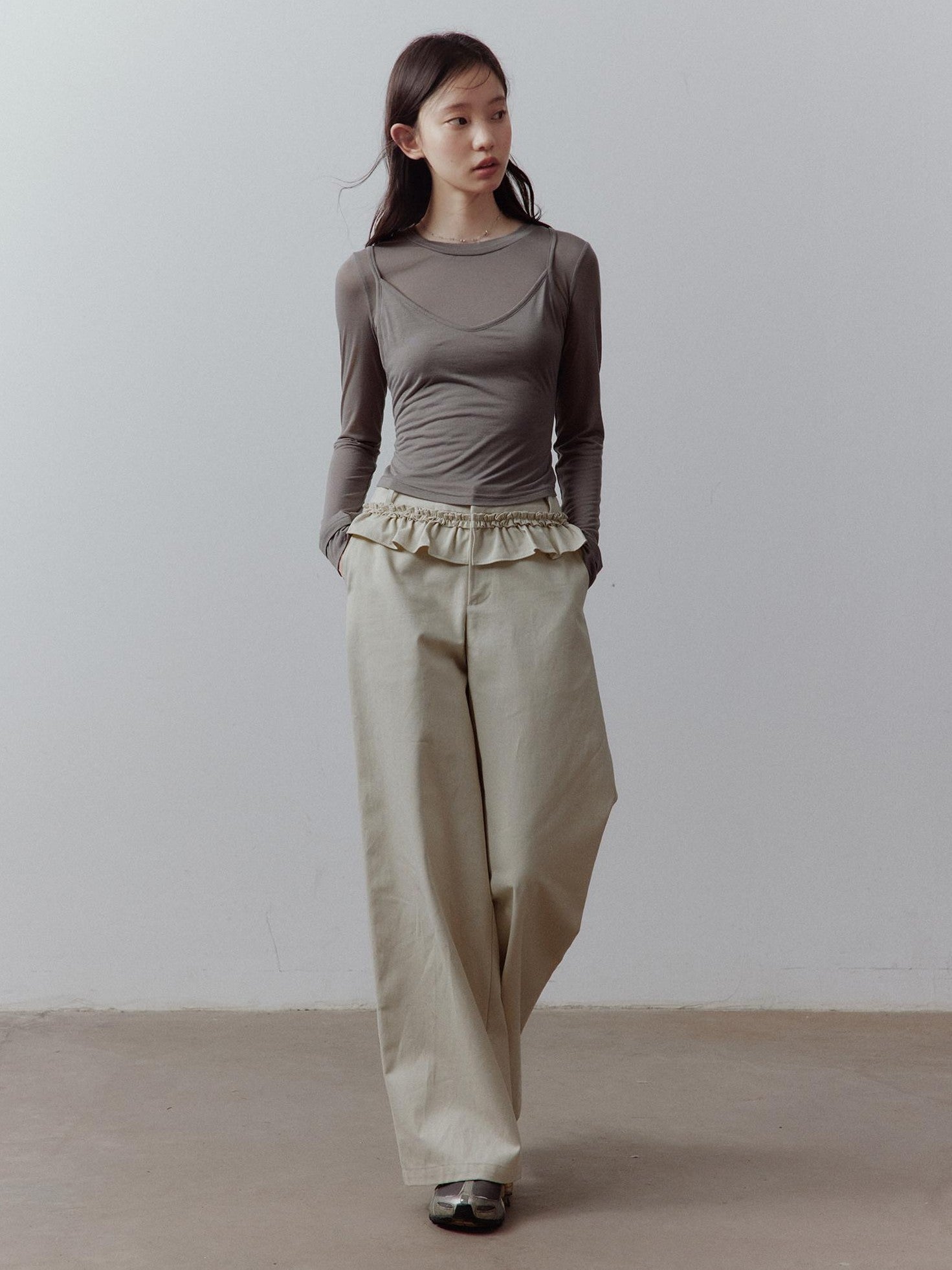 FUSSED Apricot Gray Layered Patchwork Pockets Low Waist Women&