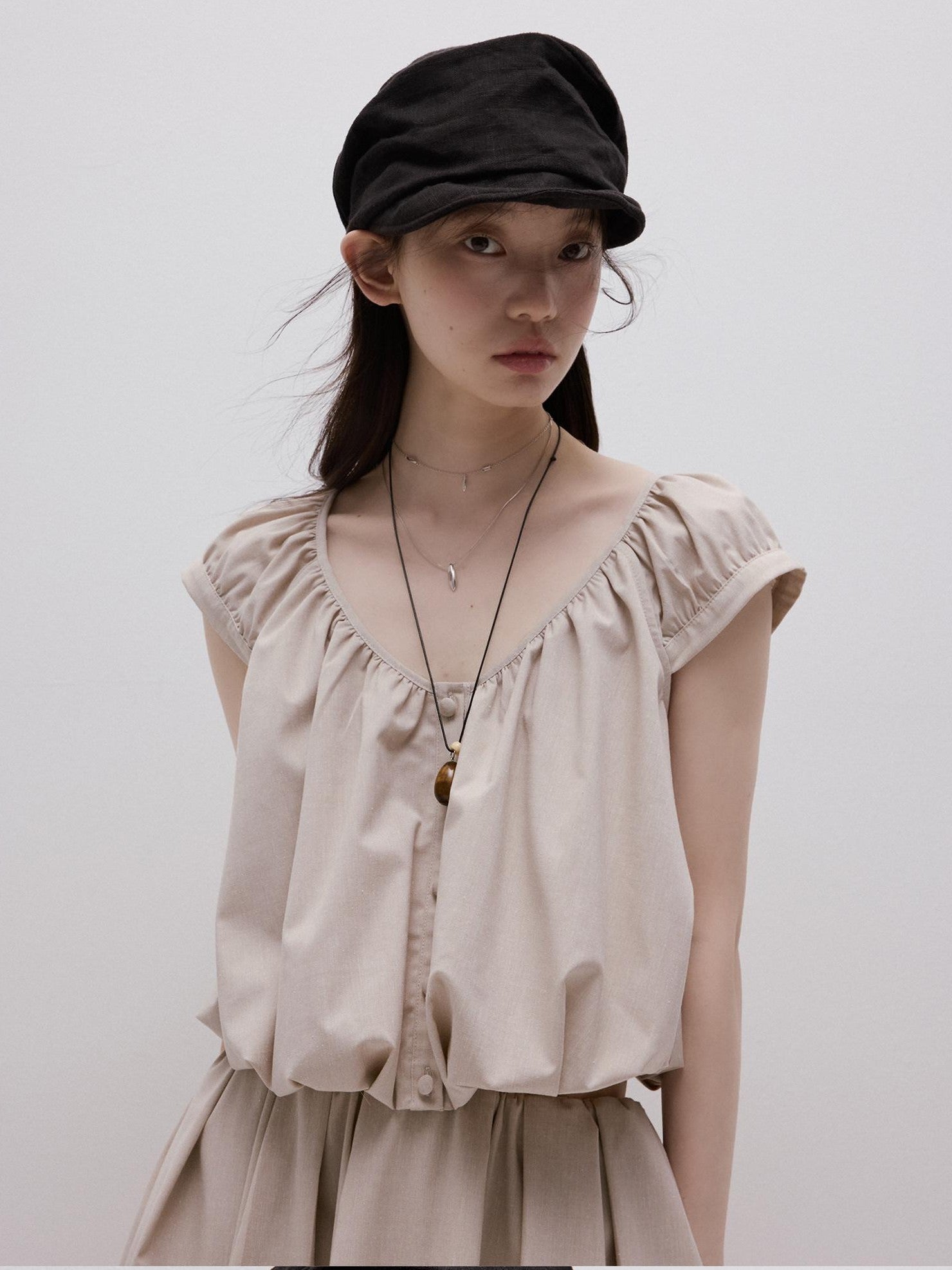 FUSSED Apricot Gray Puff Texture V-neck Women&