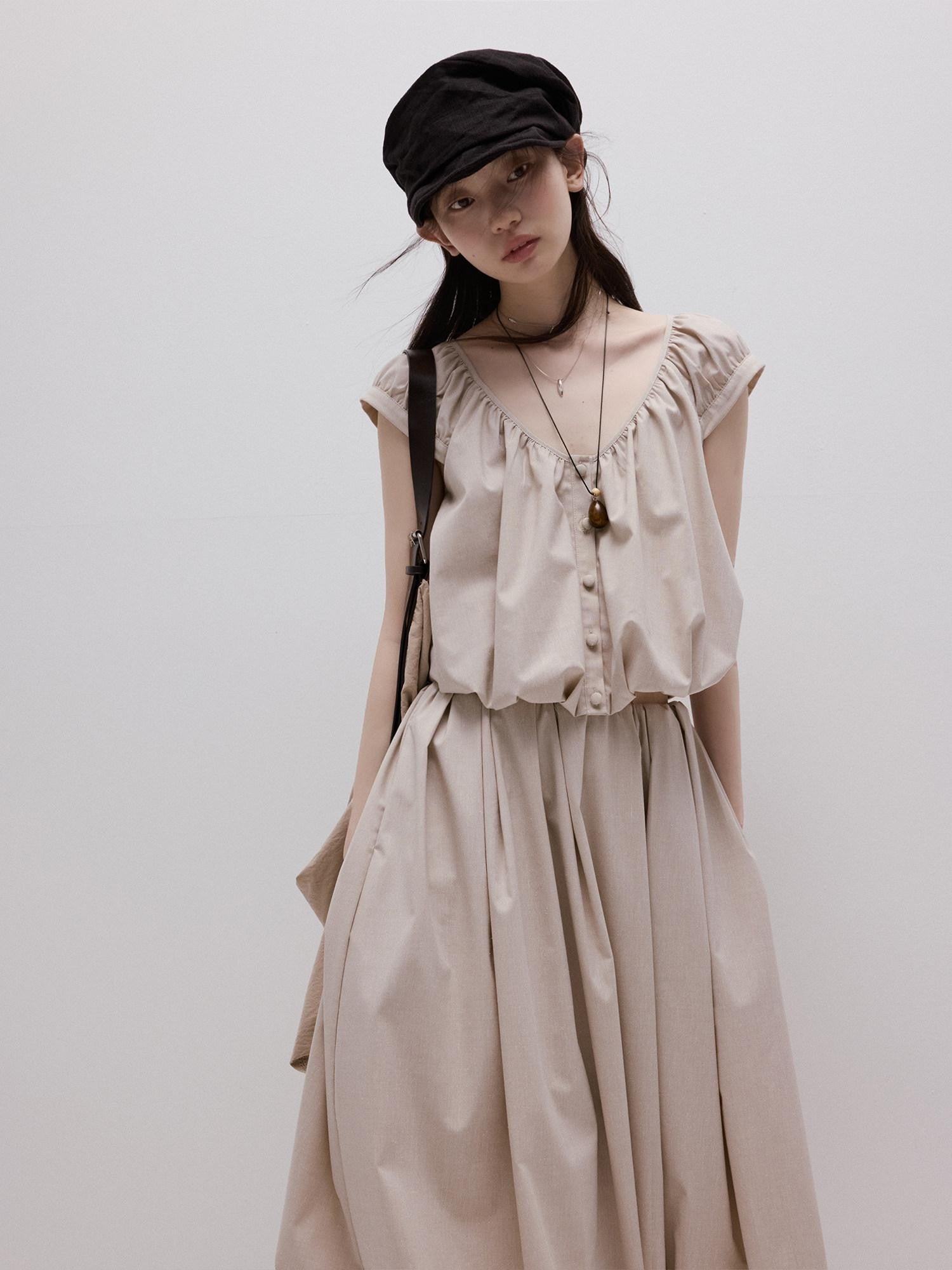 FUSSED Apricot Gray Puff Texture V-neck Women&