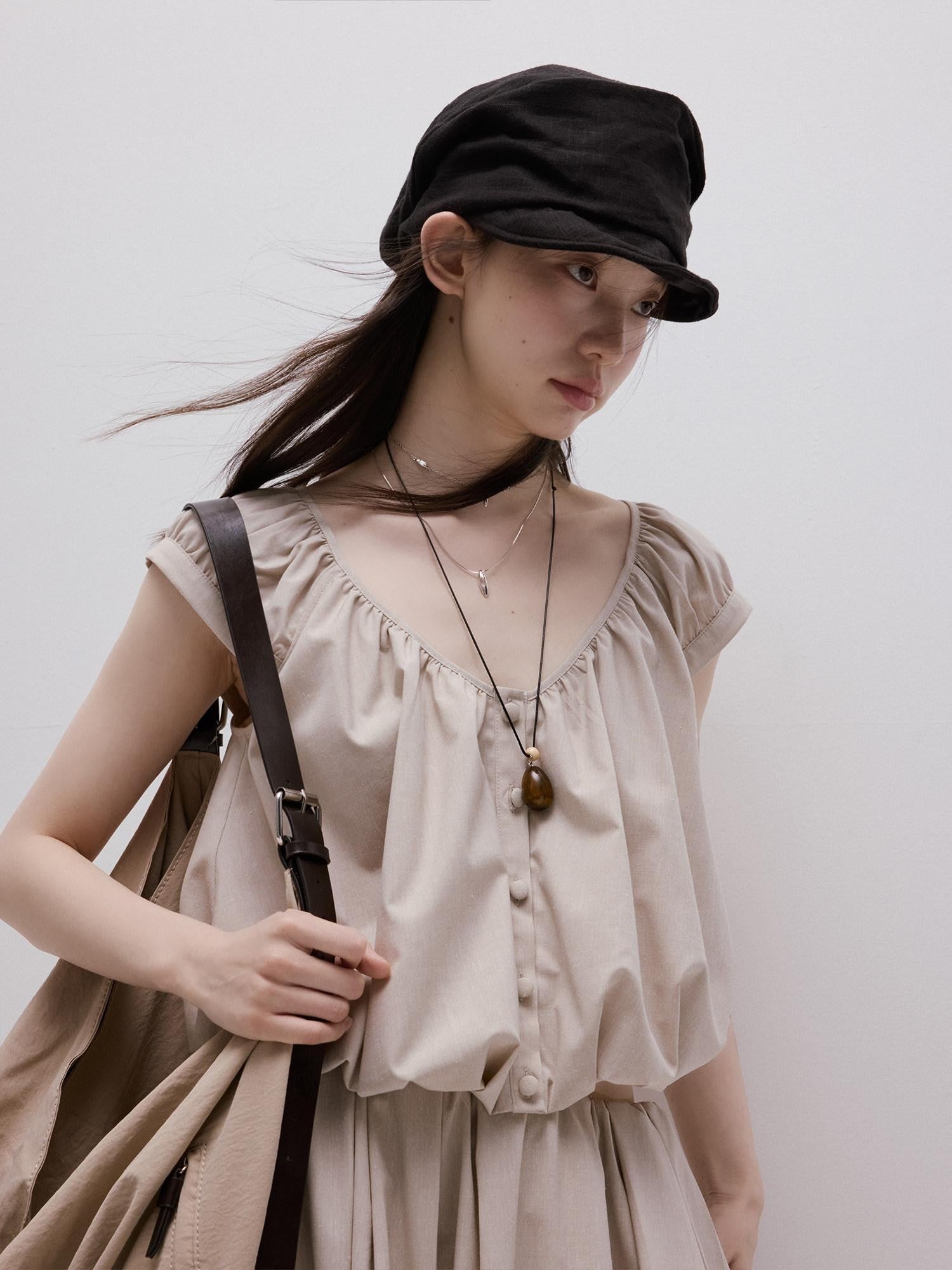 FUSSED Apricot Gray Puff Texture V-neck Women&