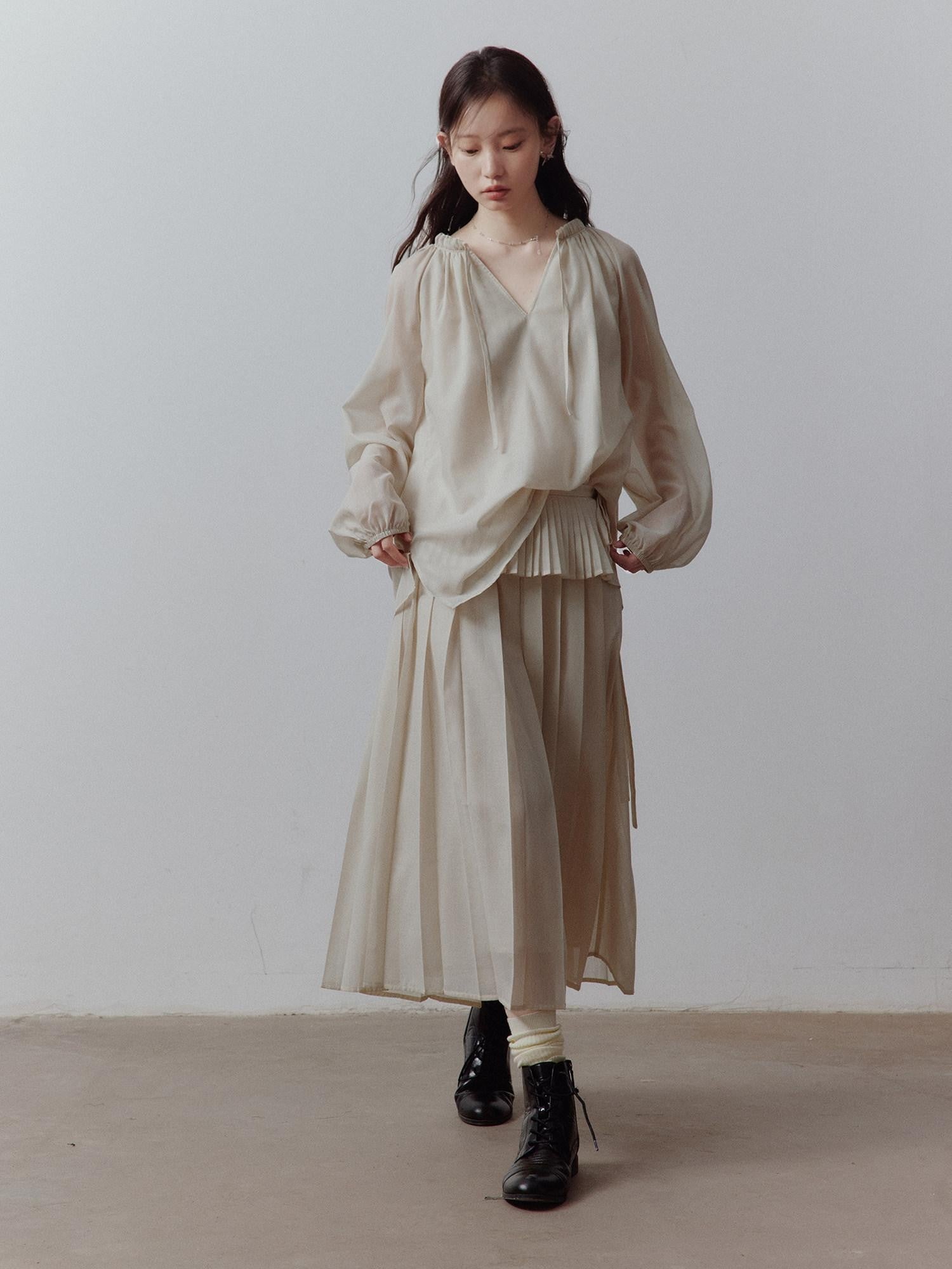 FUSSED Apricot Gray Tiered Patchwork Pleated Tie Waist Women&