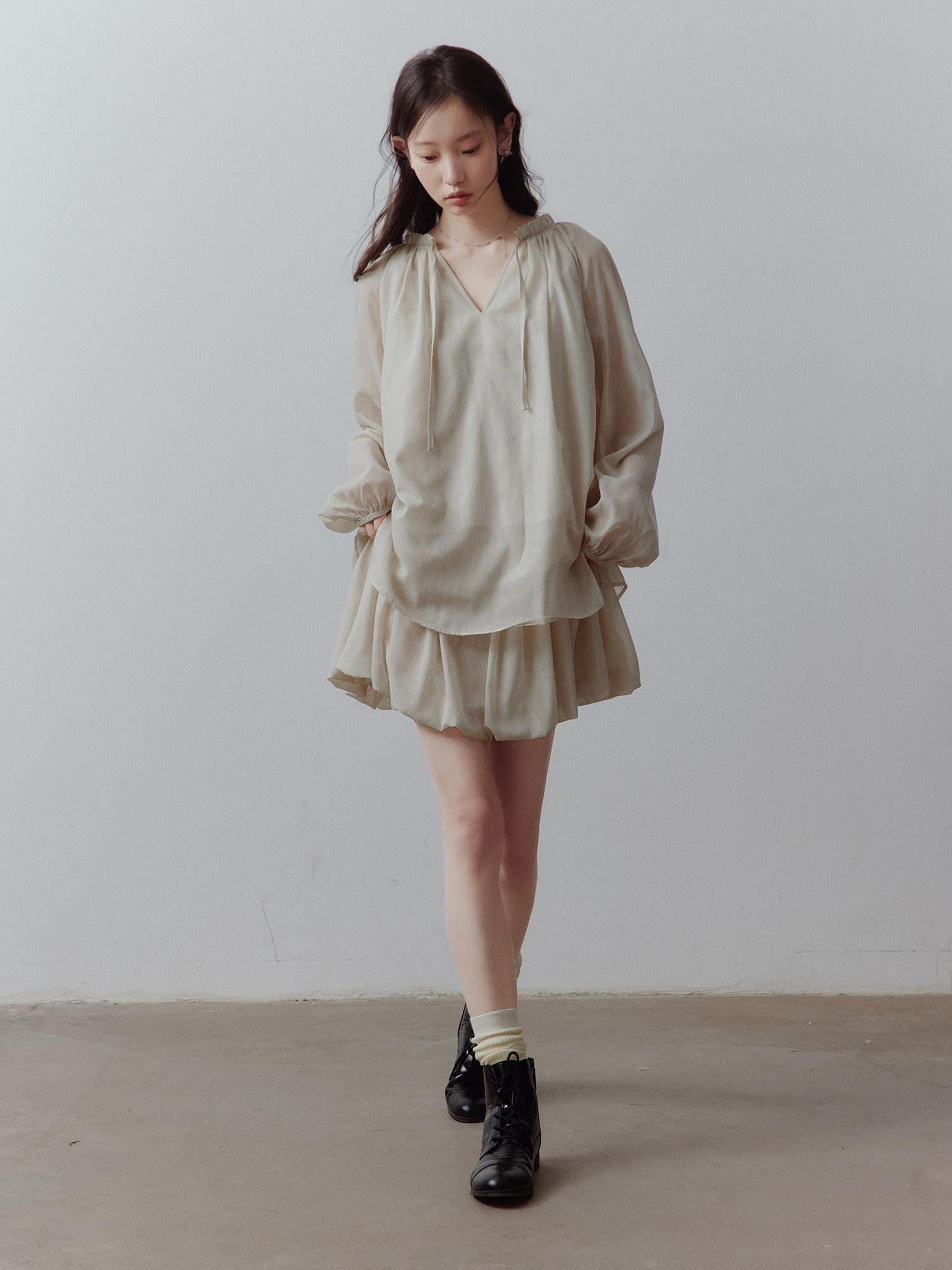 FUSSED Apricot Gray V-neck Lantern Sleeve Tie Uv Women&