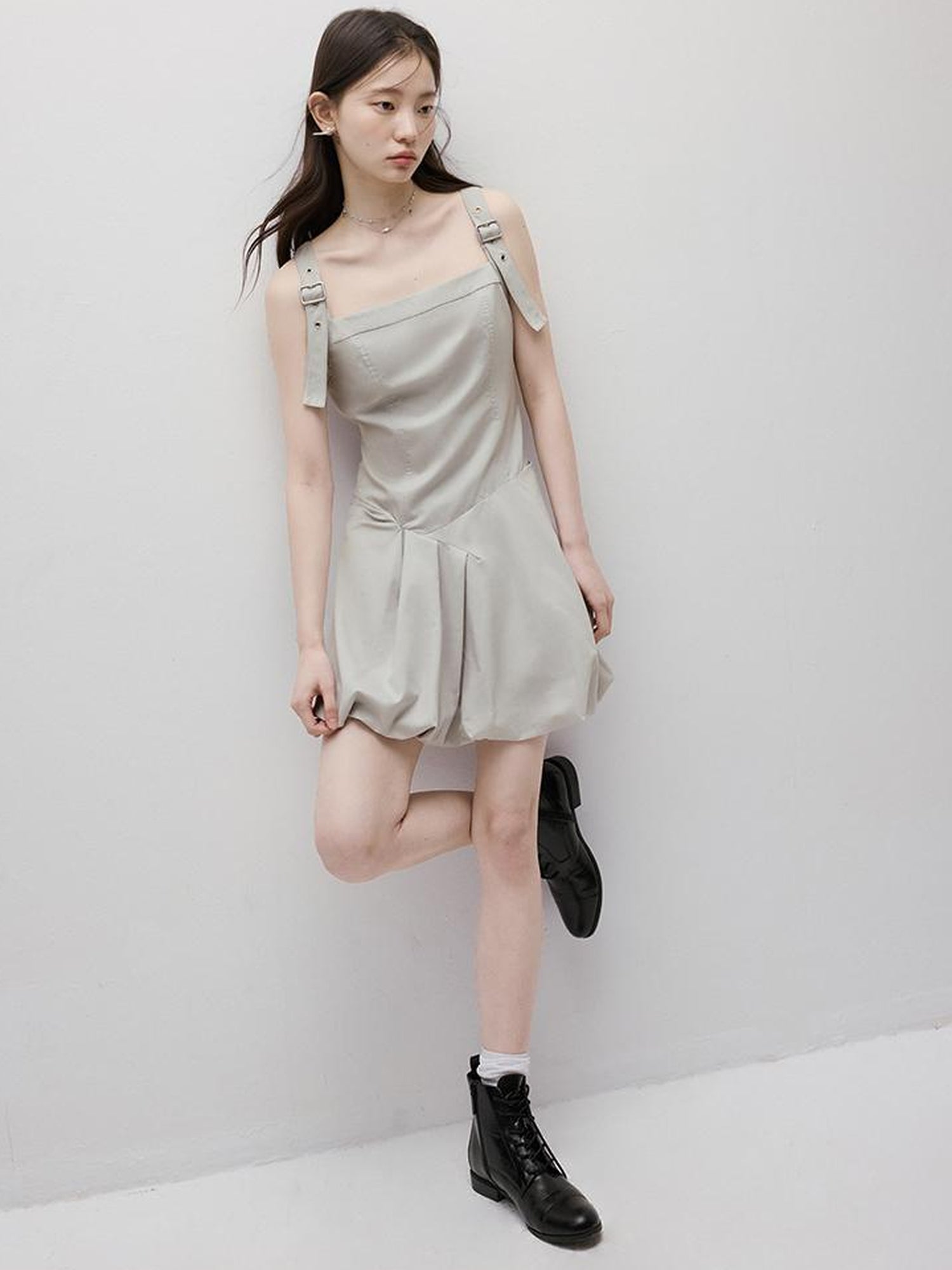 FUSSED Asymmetric Bubble Hem Deconstructed Space Gray Dress