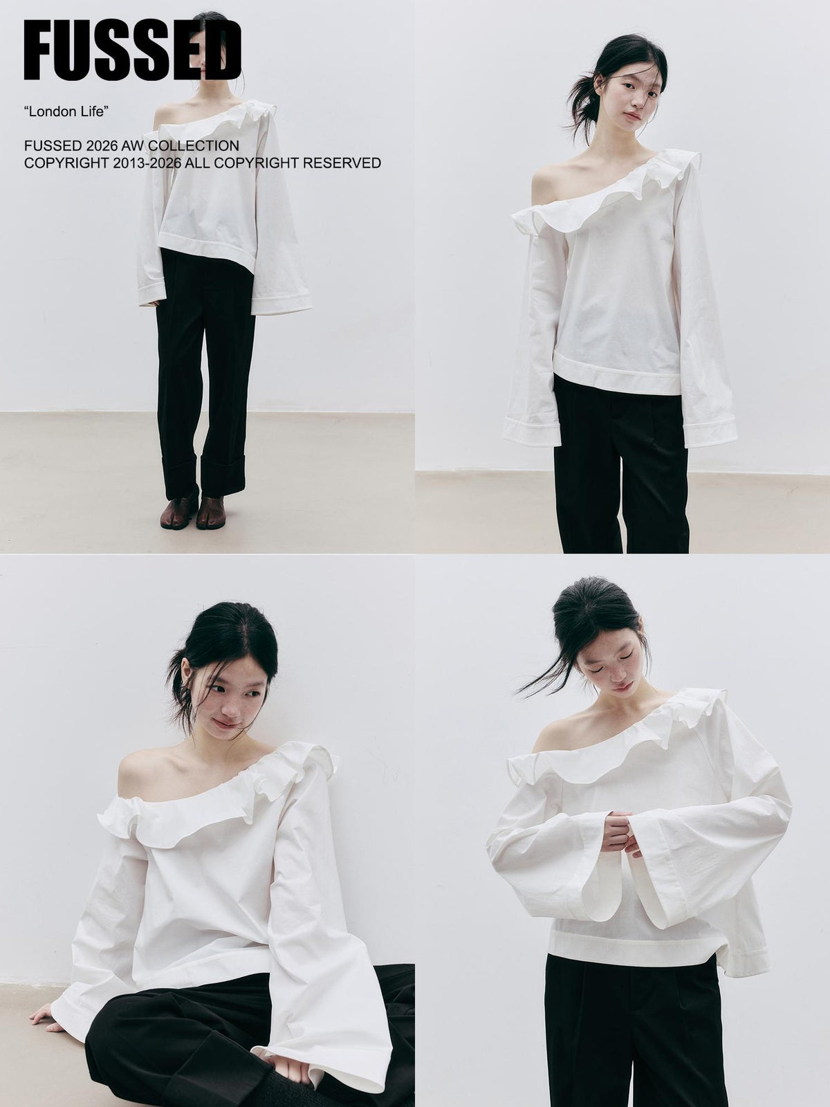 FUSSED Asymmetric Ruffle 3d Cut Flared Sleeve Cotton Women&